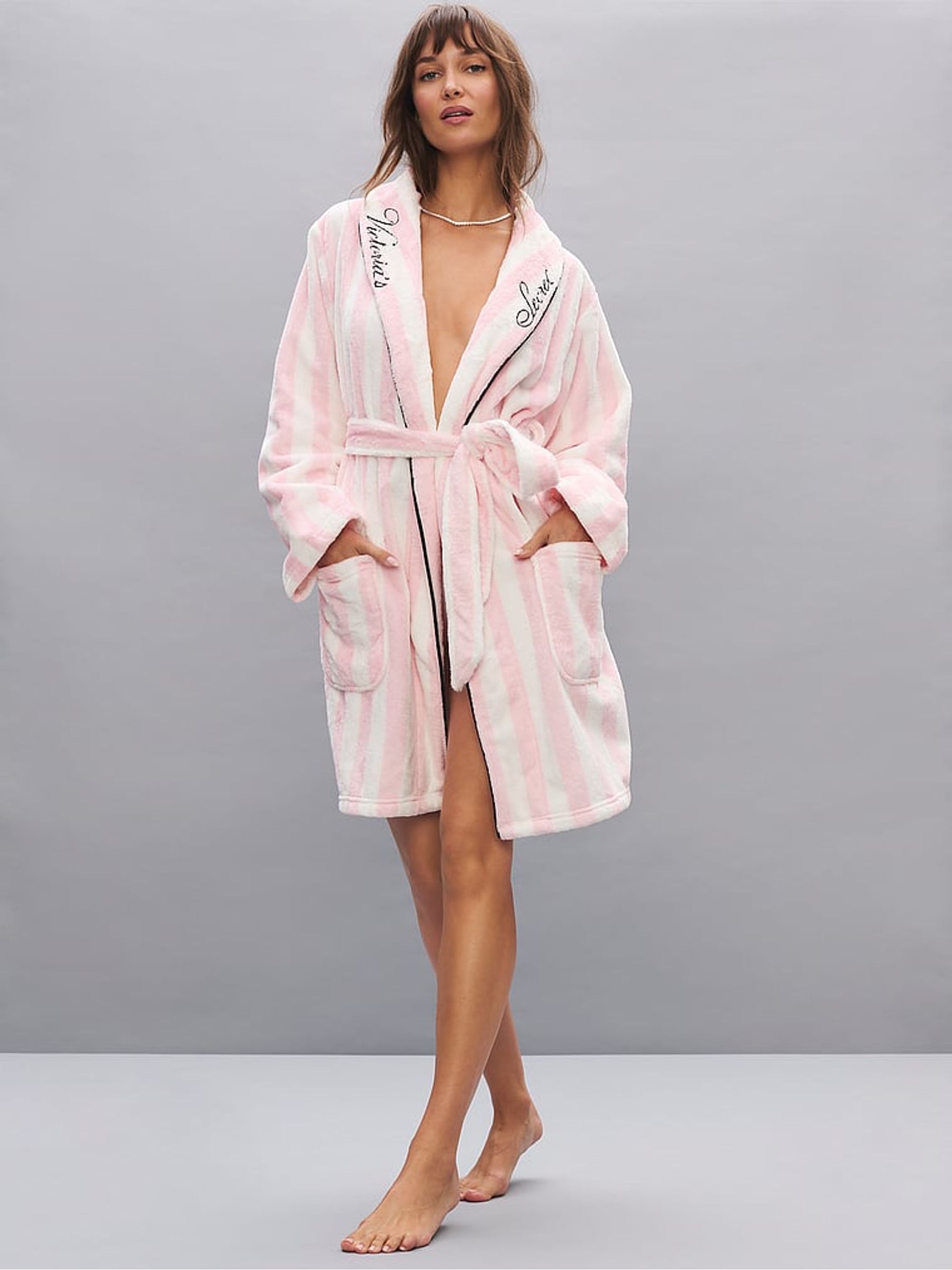 Pink Heritage Stripe Fluffy Robe - Image 1 of 3 Pink Heritage Stripe Fluffy Robe - Image 1 of 3