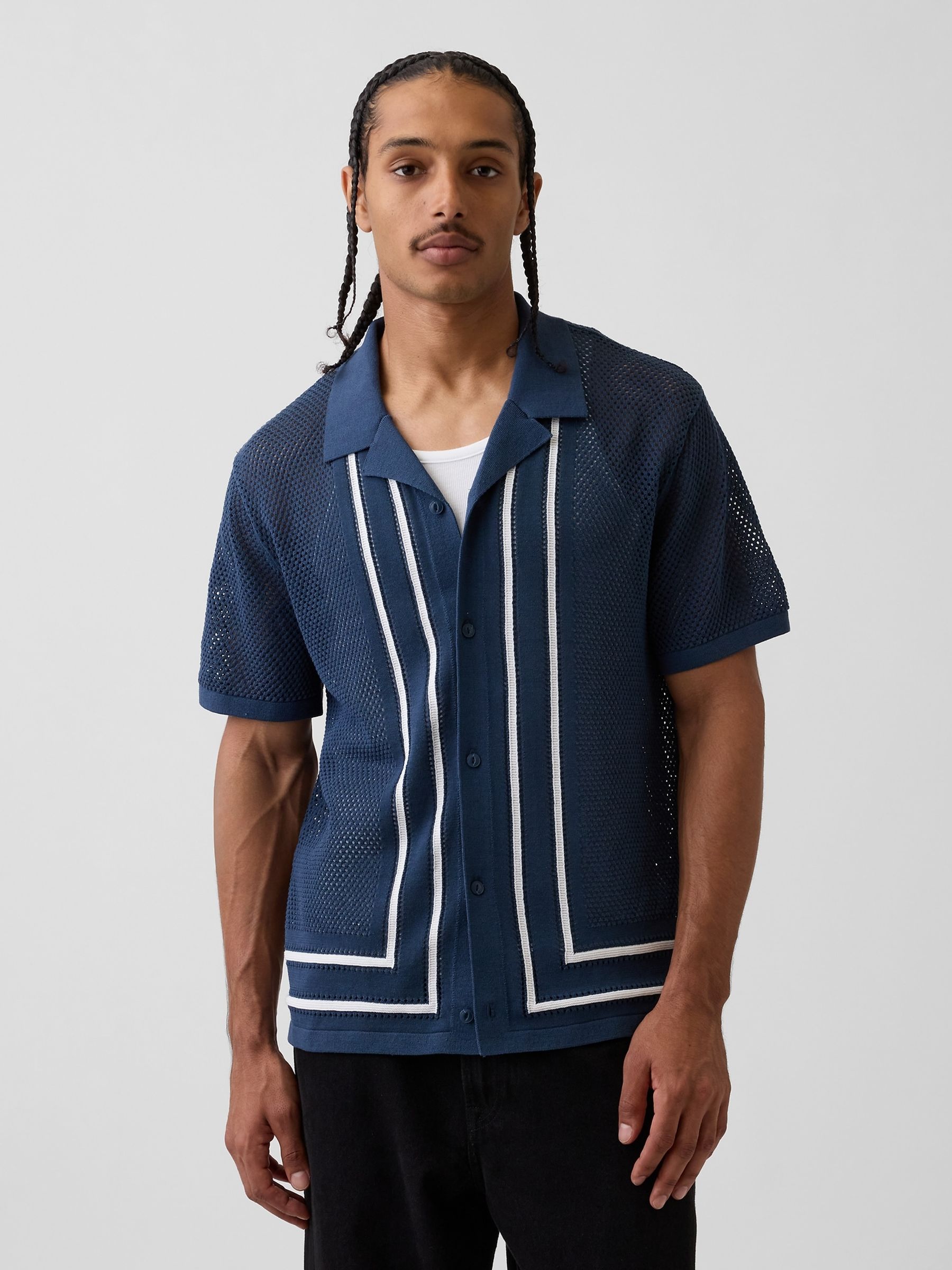 Navy Stripe Collar Knitted Shirt - Image 1 of 4