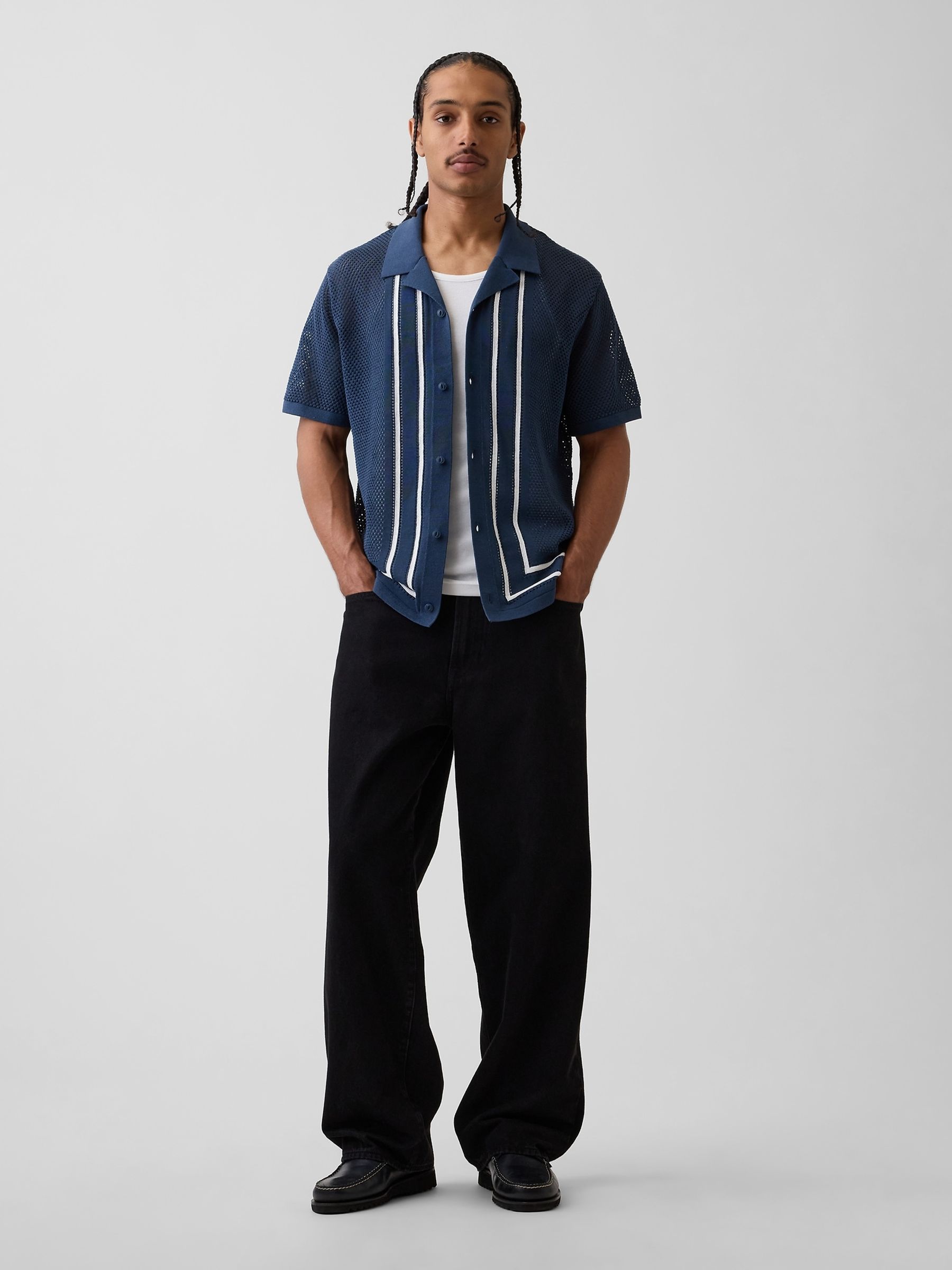 Navy Stripe Collar Knitted Shirt - Image 3 of 4