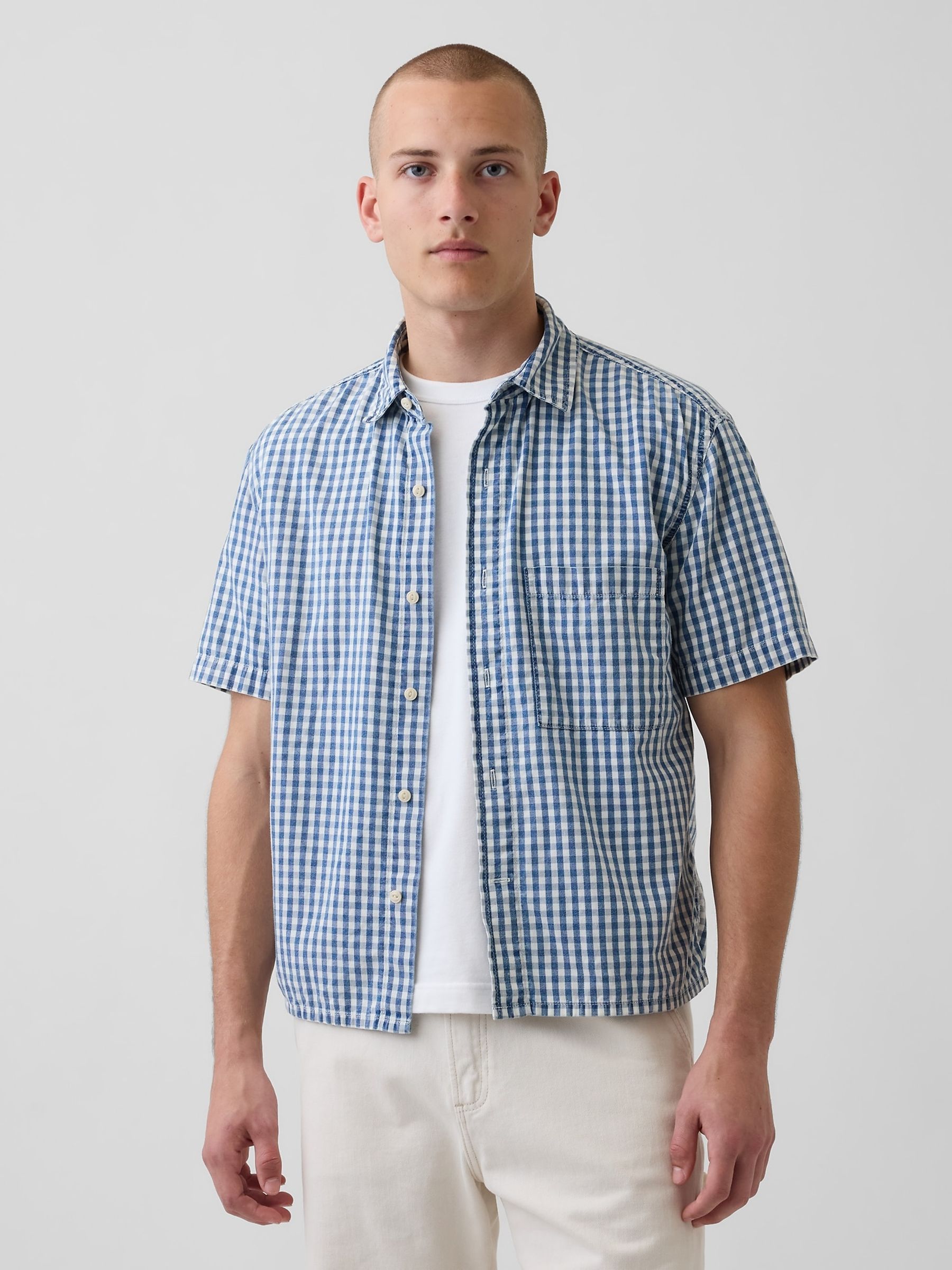 Blue Gingham Denim Relaxed Straight-Hem Shirt - Image 1 of 5