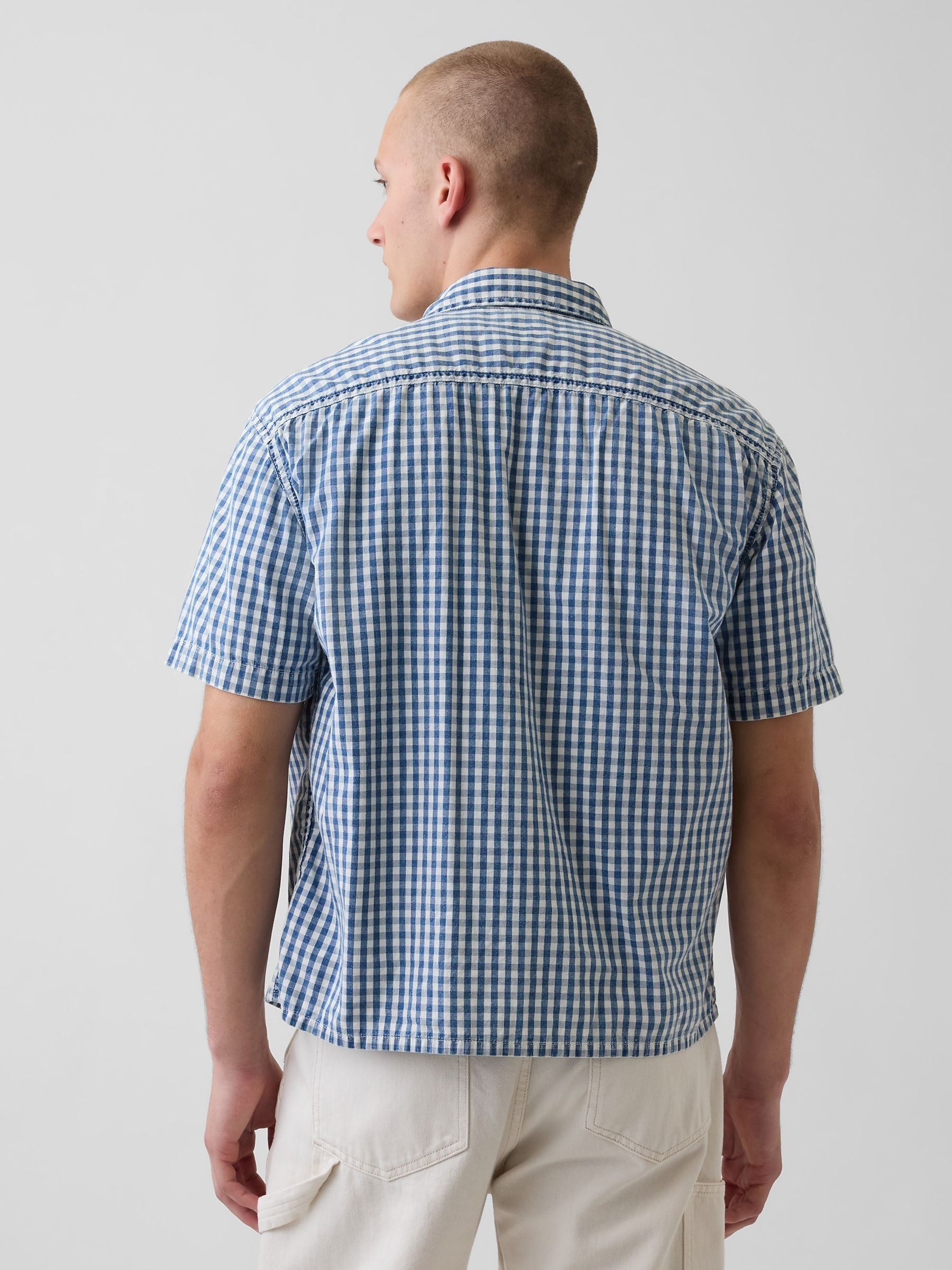 Blue Gingham Denim Relaxed Straight-Hem Shirt - Image 2 of 5