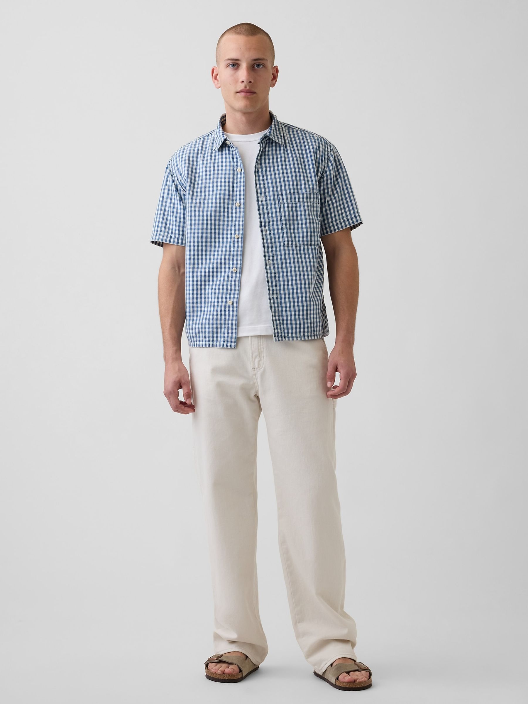 Blue Gingham Denim Relaxed Straight-Hem Shirt - Image 3 of 5