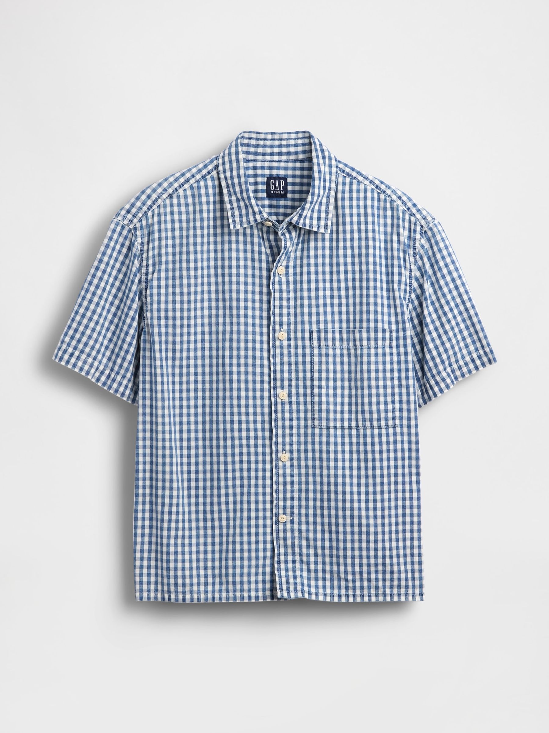 Blue Gingham Denim Relaxed Straight-Hem Shirt - Image 4 of 5