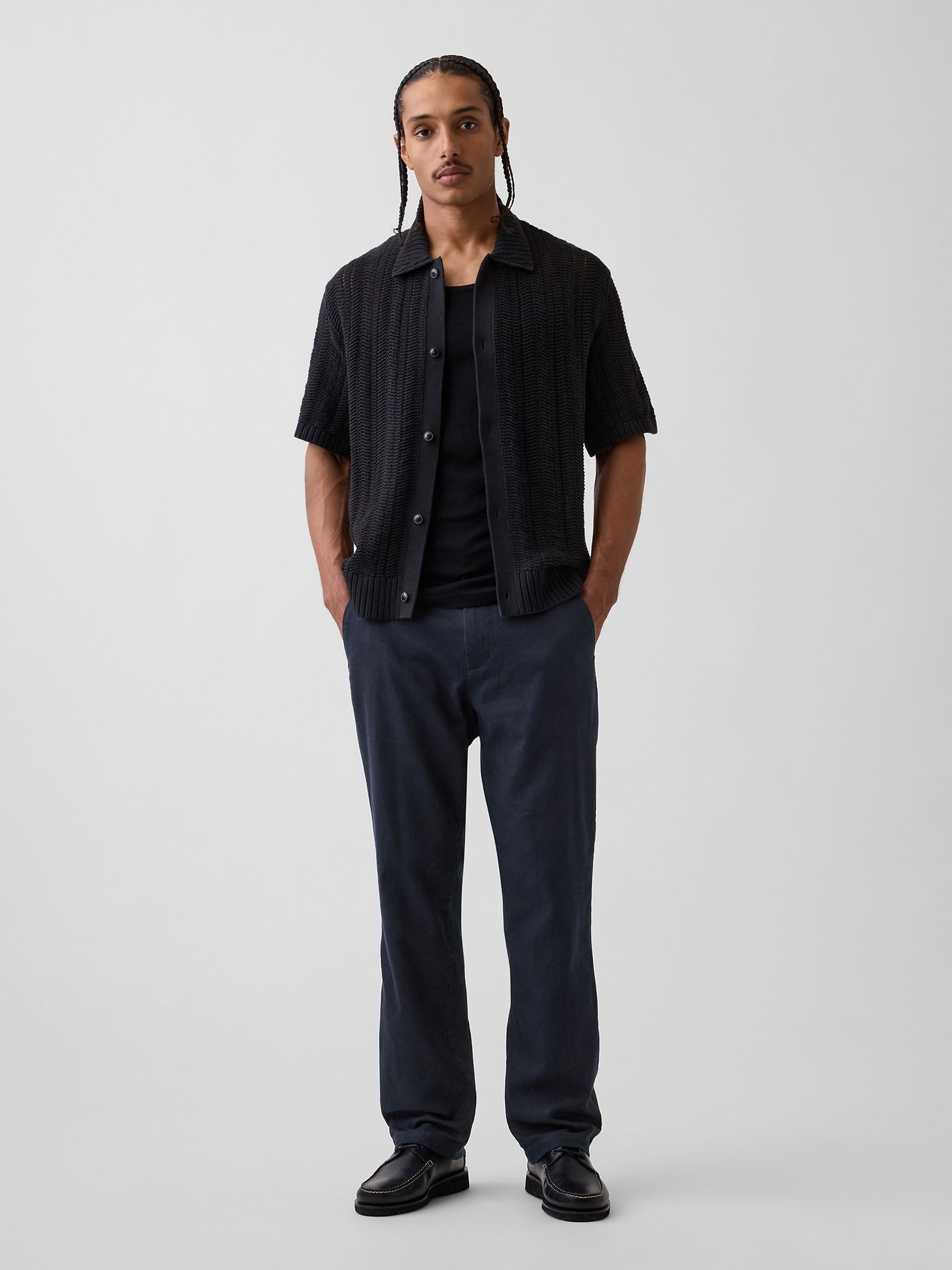 Navy Linen-Cotton Relaxed Straight Trousers - Image 4 of 6