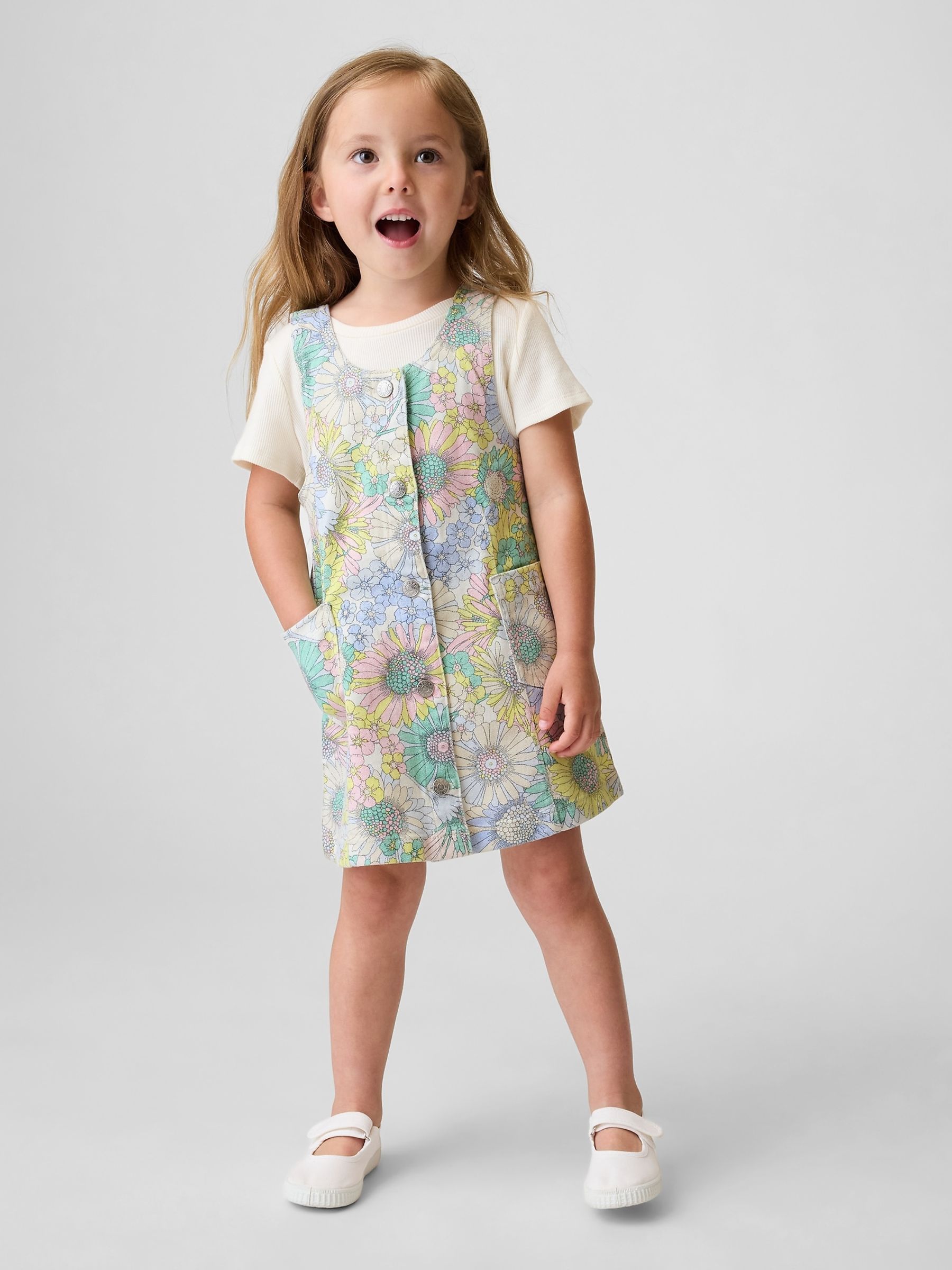 Multi Floral Floral Denim Pinafore Dress - Image 1 of 4