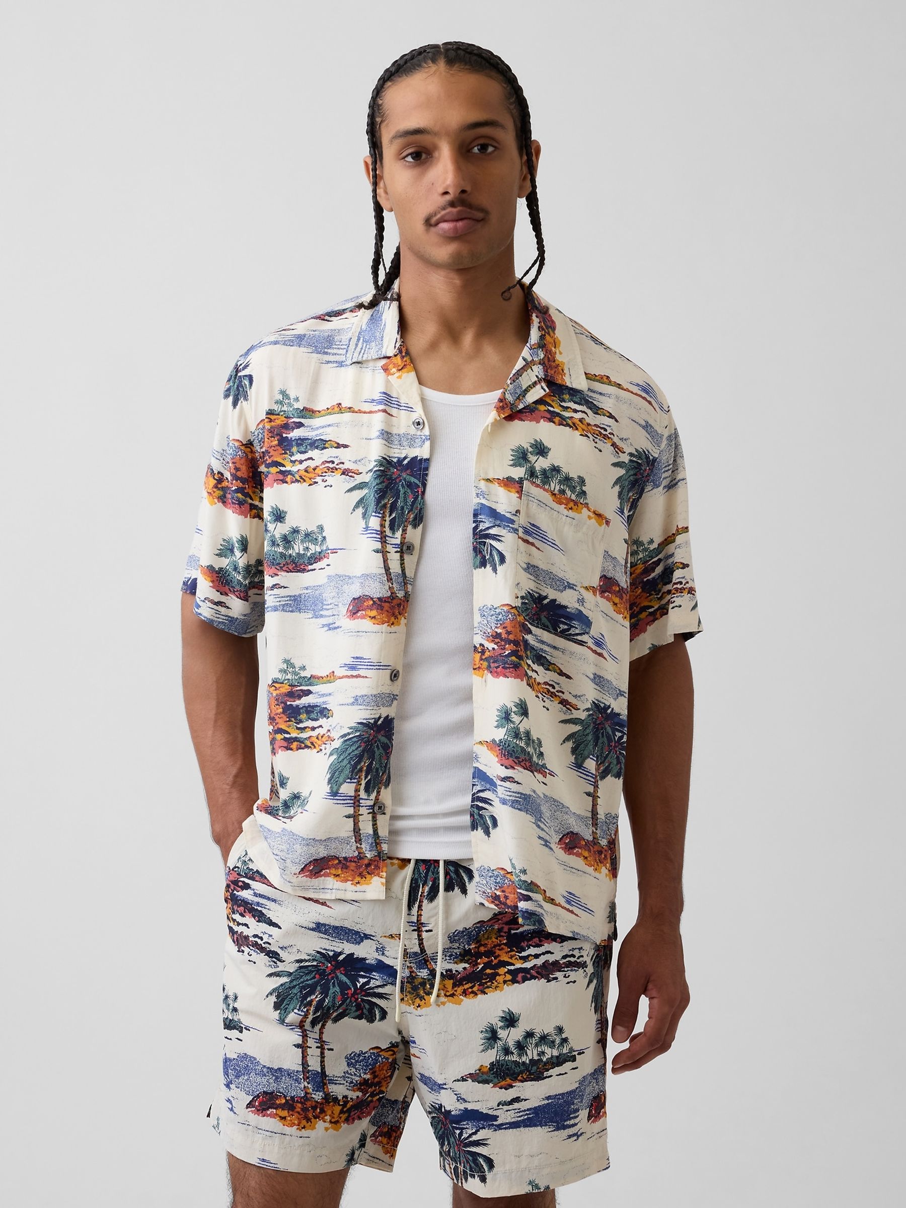 Cream Palm Relaxed Collar Short Sleeve Shirt - Image 1 of 4