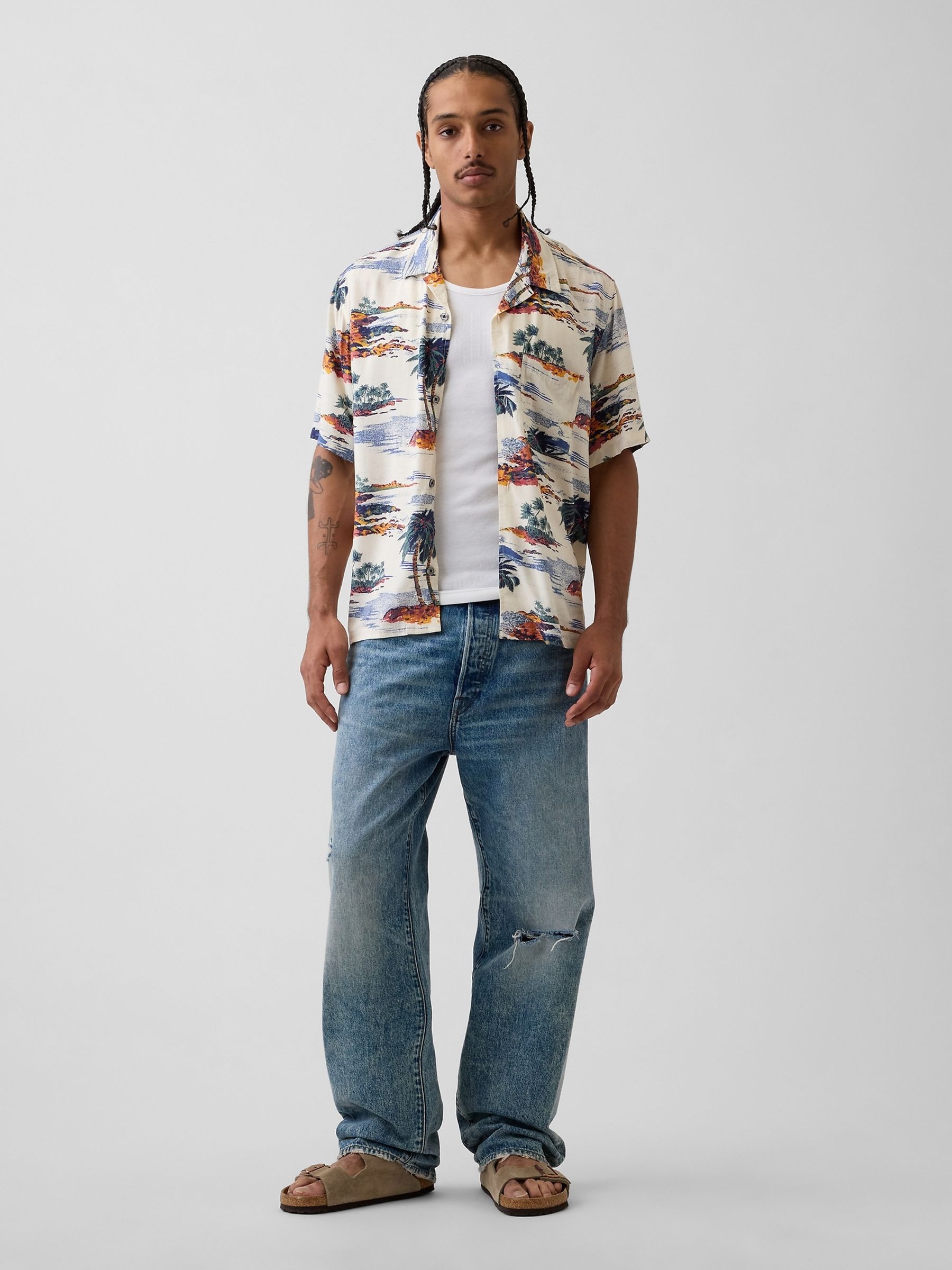 Cream Palm Relaxed Collar Short Sleeve Shirt - Image 3 of 4