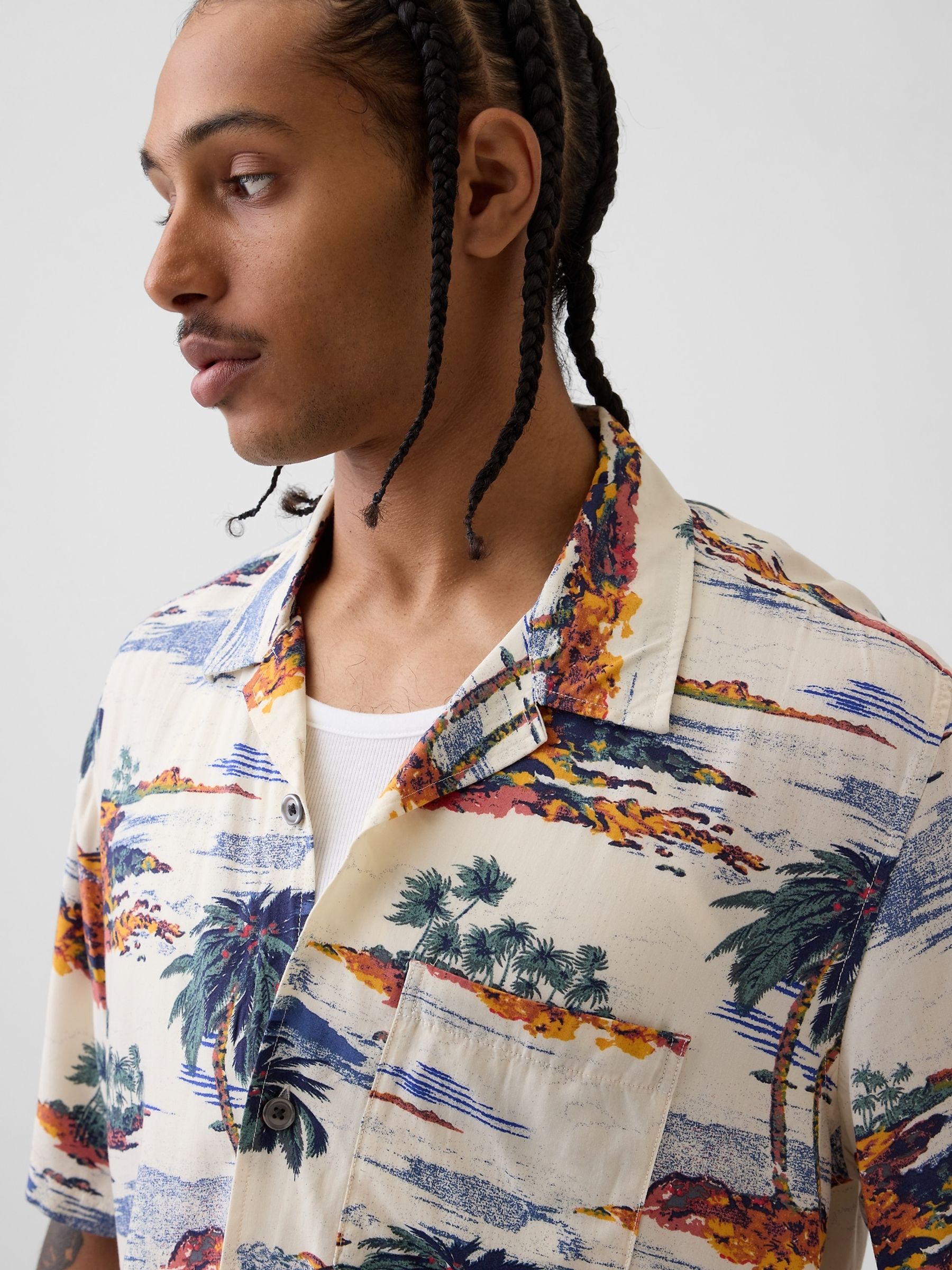 Cream Palm Relaxed Collar Short Sleeve Shirt - Image 4 of 4