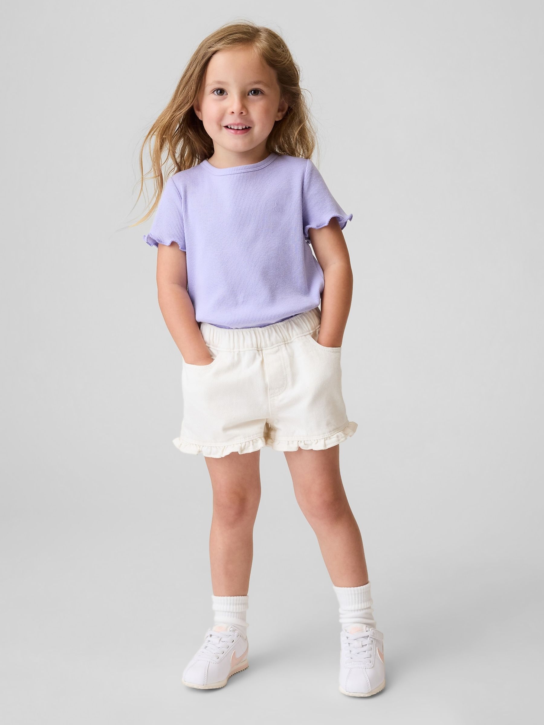 White Denim Stride Pull On Ruffle Shorts - Image 1 of 4