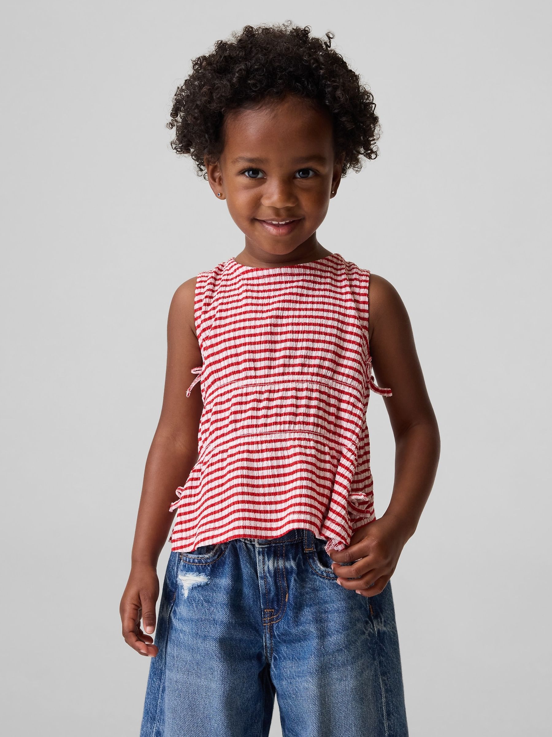 Red Stripe Crinkle Knit Bow Sleeveless Top - Image 1 of 4