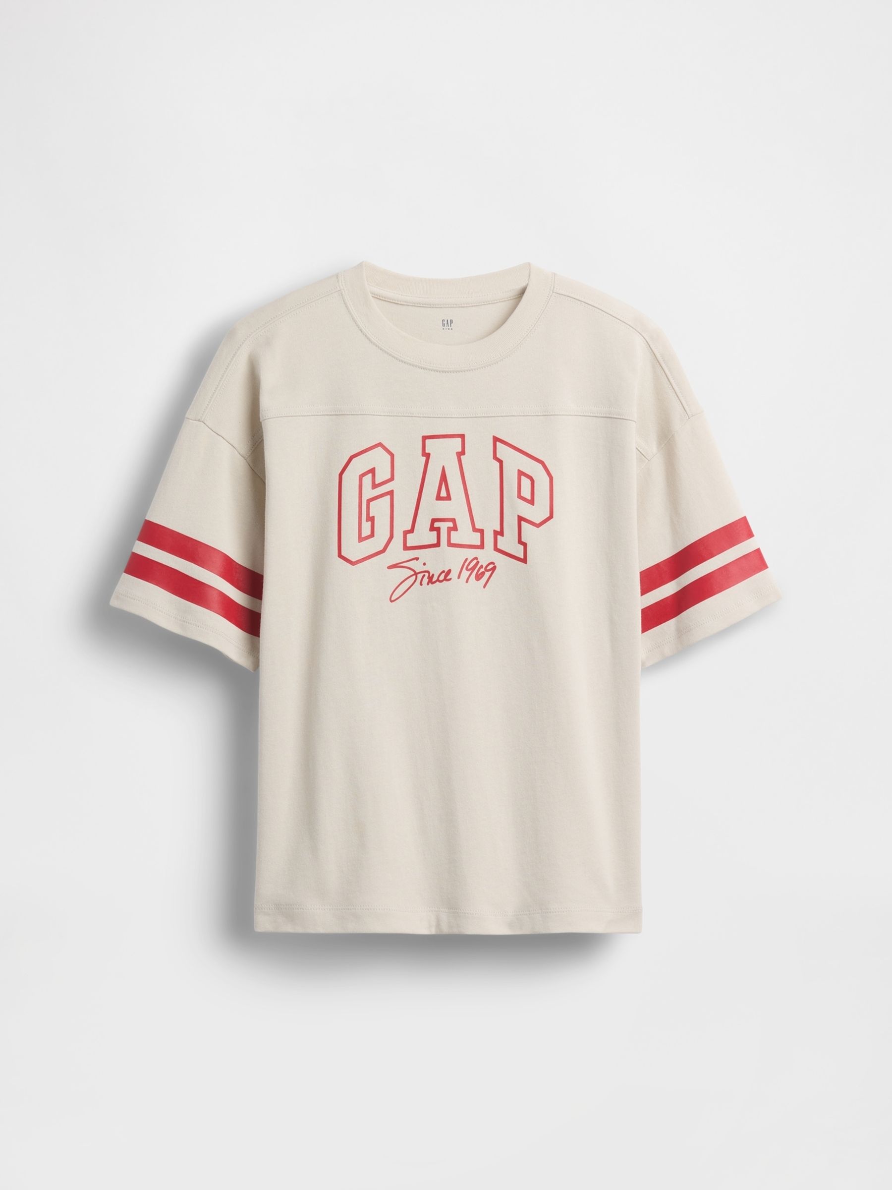 Beige/Red Oversized Logo Seam Short Sleeve T-Shirt - Image 1 of 3
