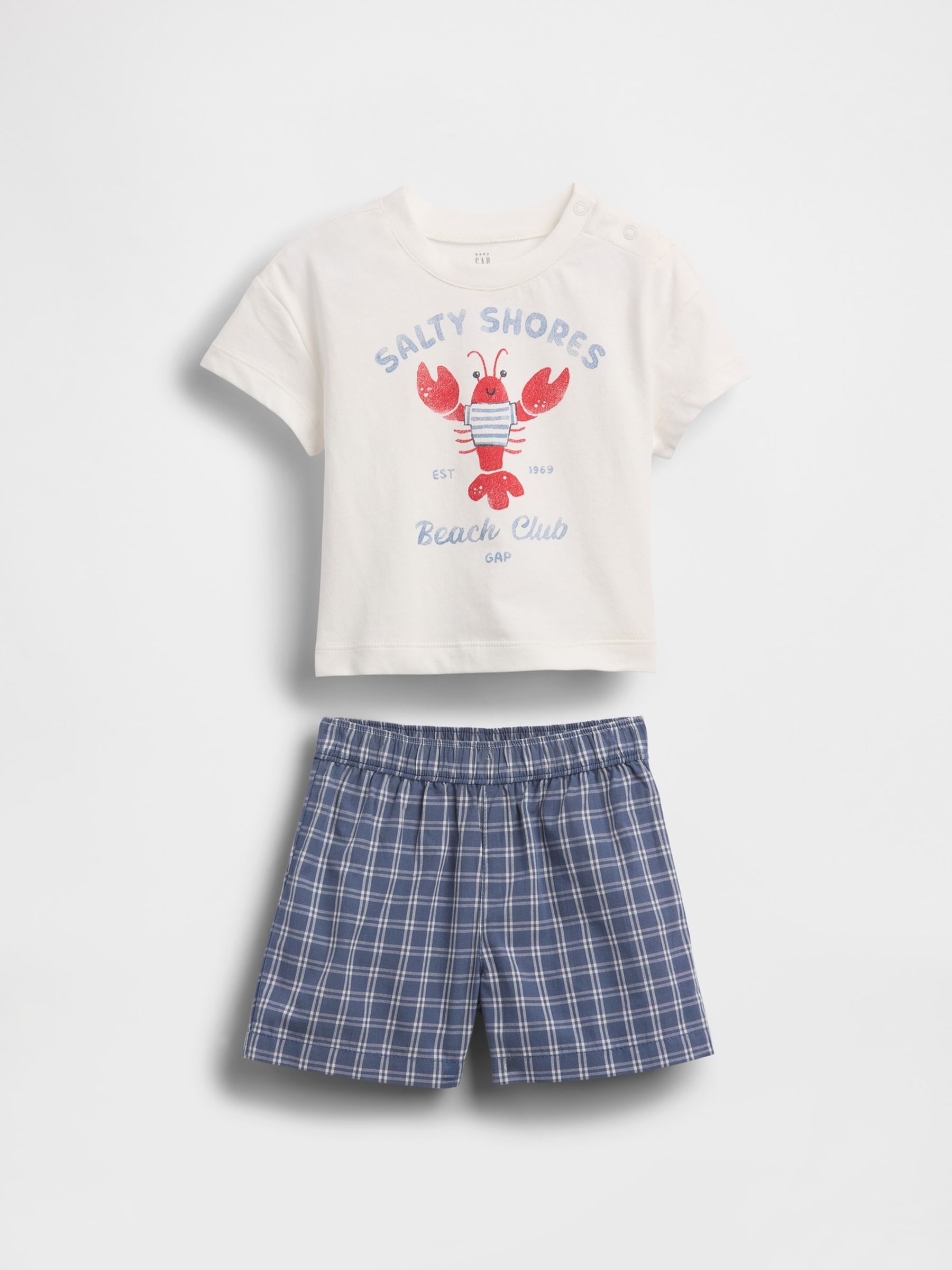 White/Blue Lobster Graphic T-Shirt and Check Short Set - Image 1 of 2