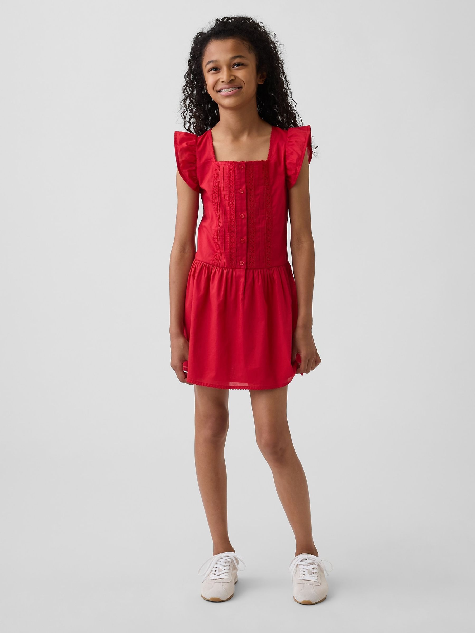 Red Flutter-Sleeve Lace-Trim Dress - Image 1 of 4