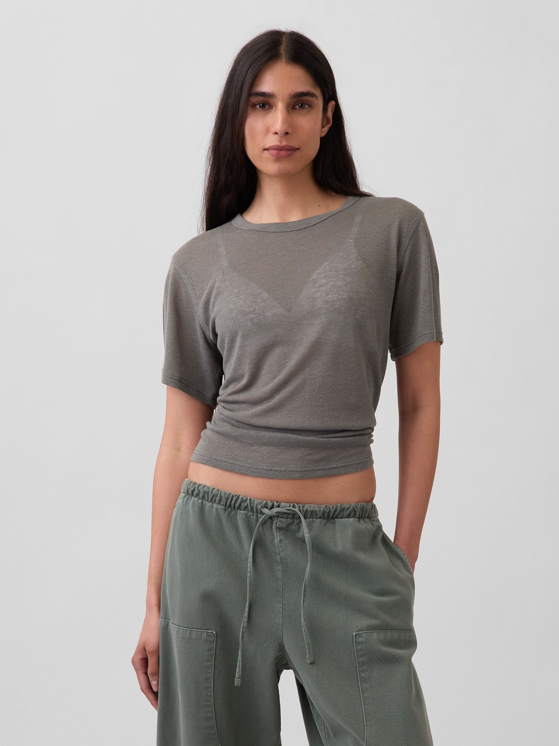 Grey Linen-Blend Relaxed Short Sleeve T-Shirt - Image 1 of 4
