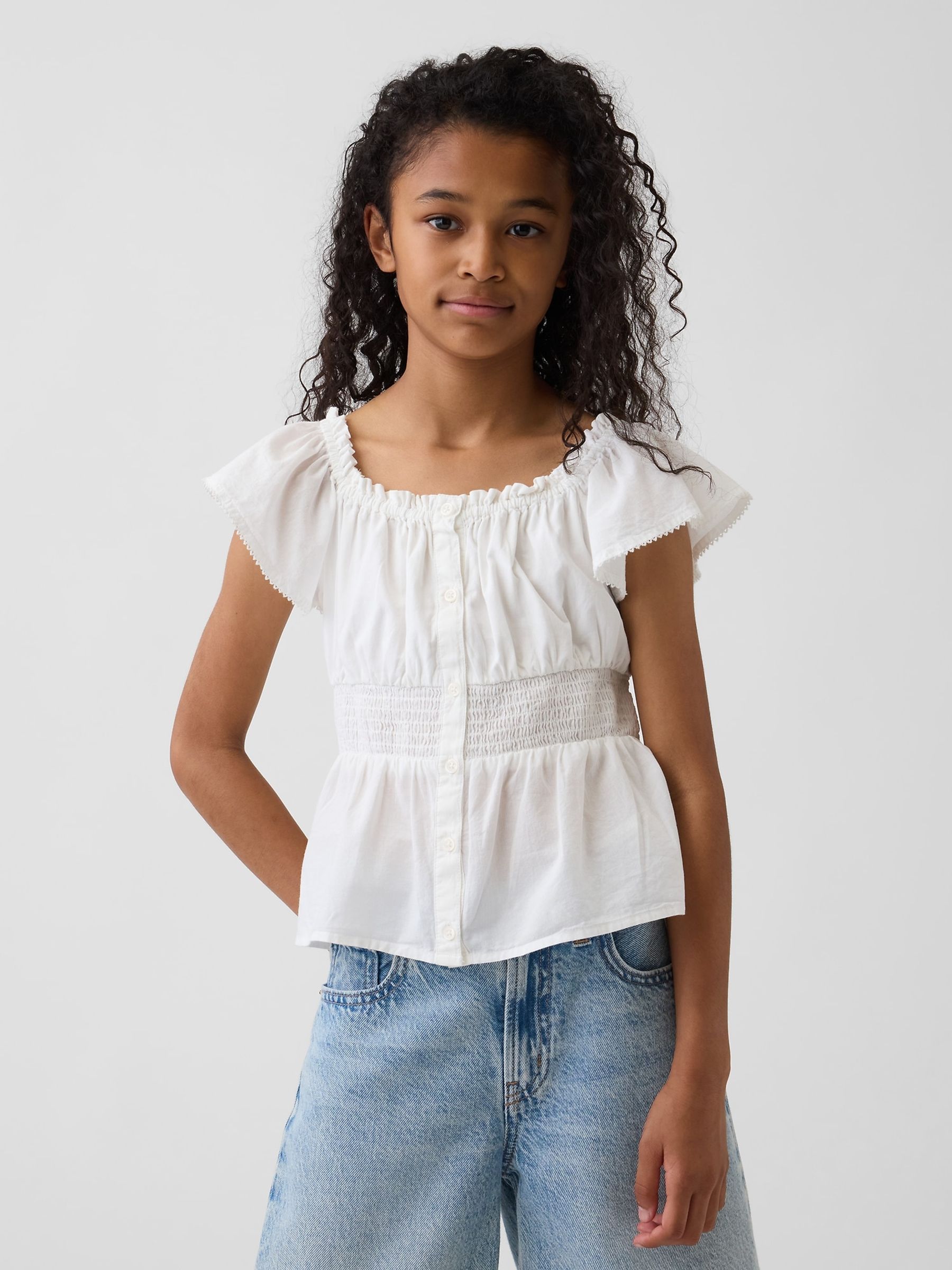 White Flutter-Sleeve Button-Front Top - Image 1 of 4
