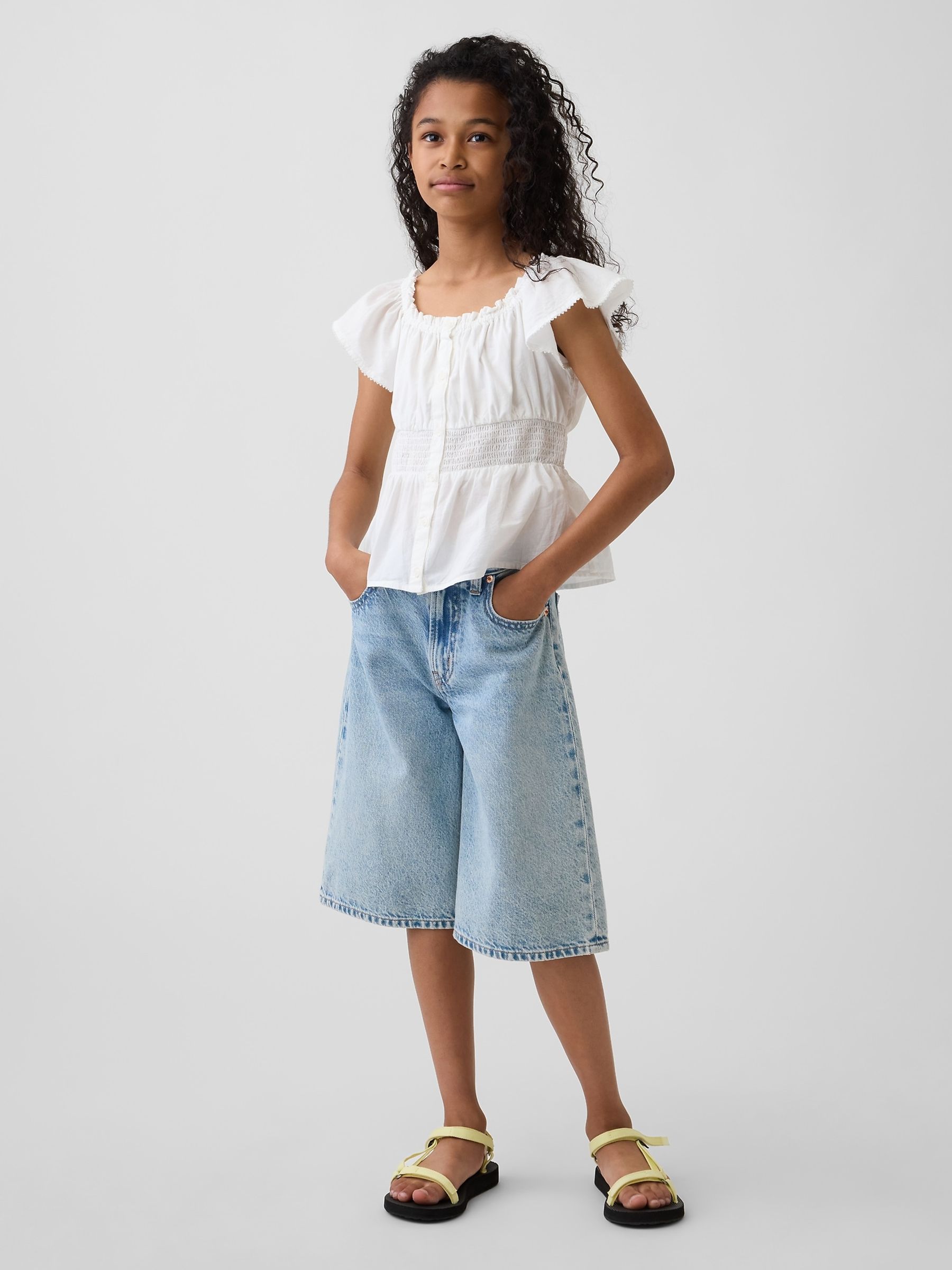 White Flutter-Sleeve Button-Front Top - Image 3 of 4