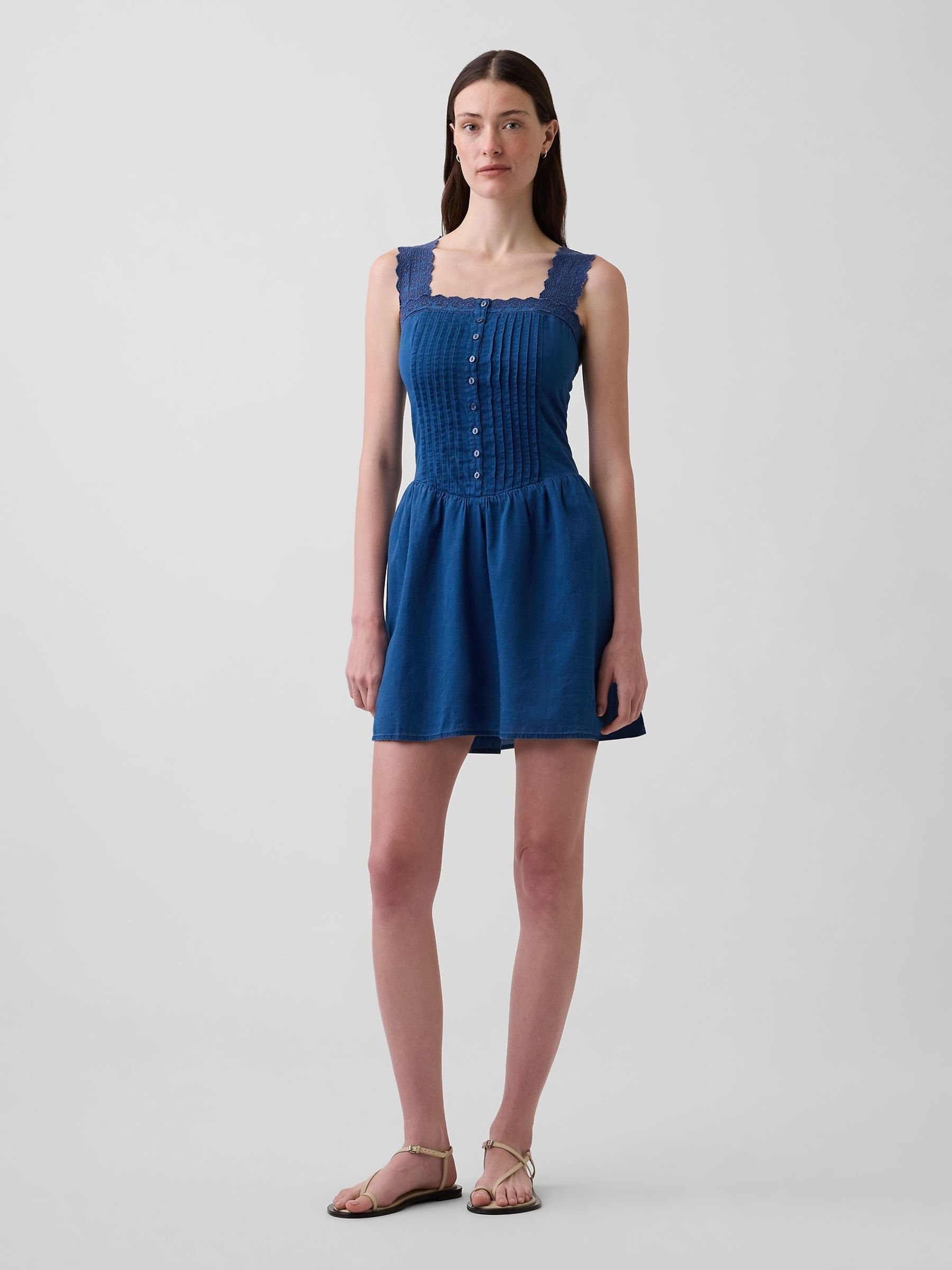 Blue Linen Blend Pintuck Drop Waist Mini Dress | Gap
