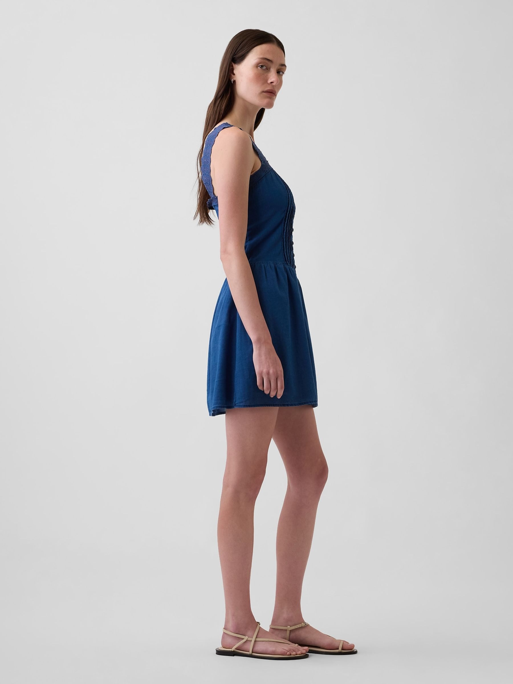 Blue Linen Blend Pintuck Drop Waist Mini Dress | Gap