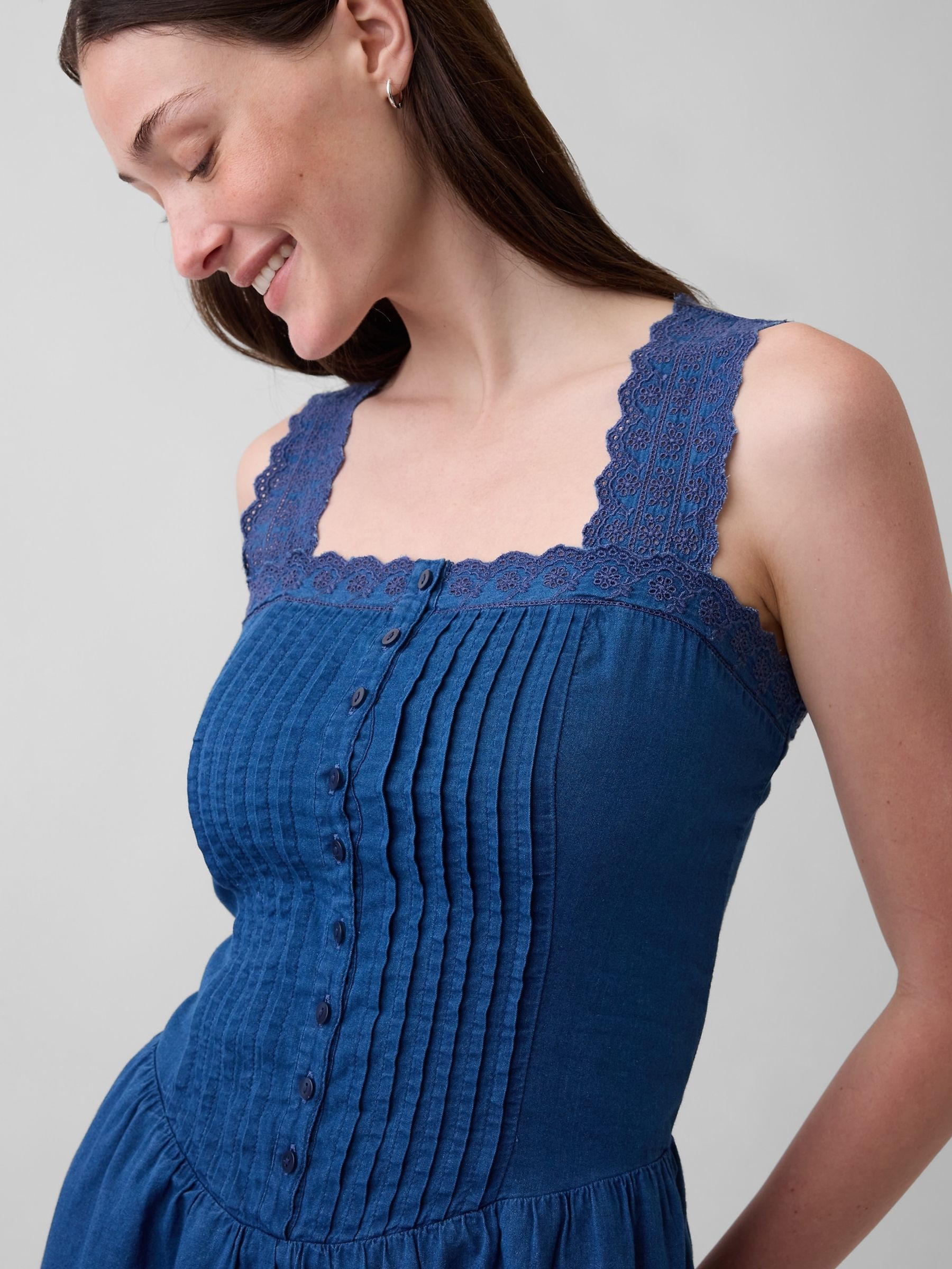 Blue Linen Blend Pintuck Drop Waist Mini Dress | Gap