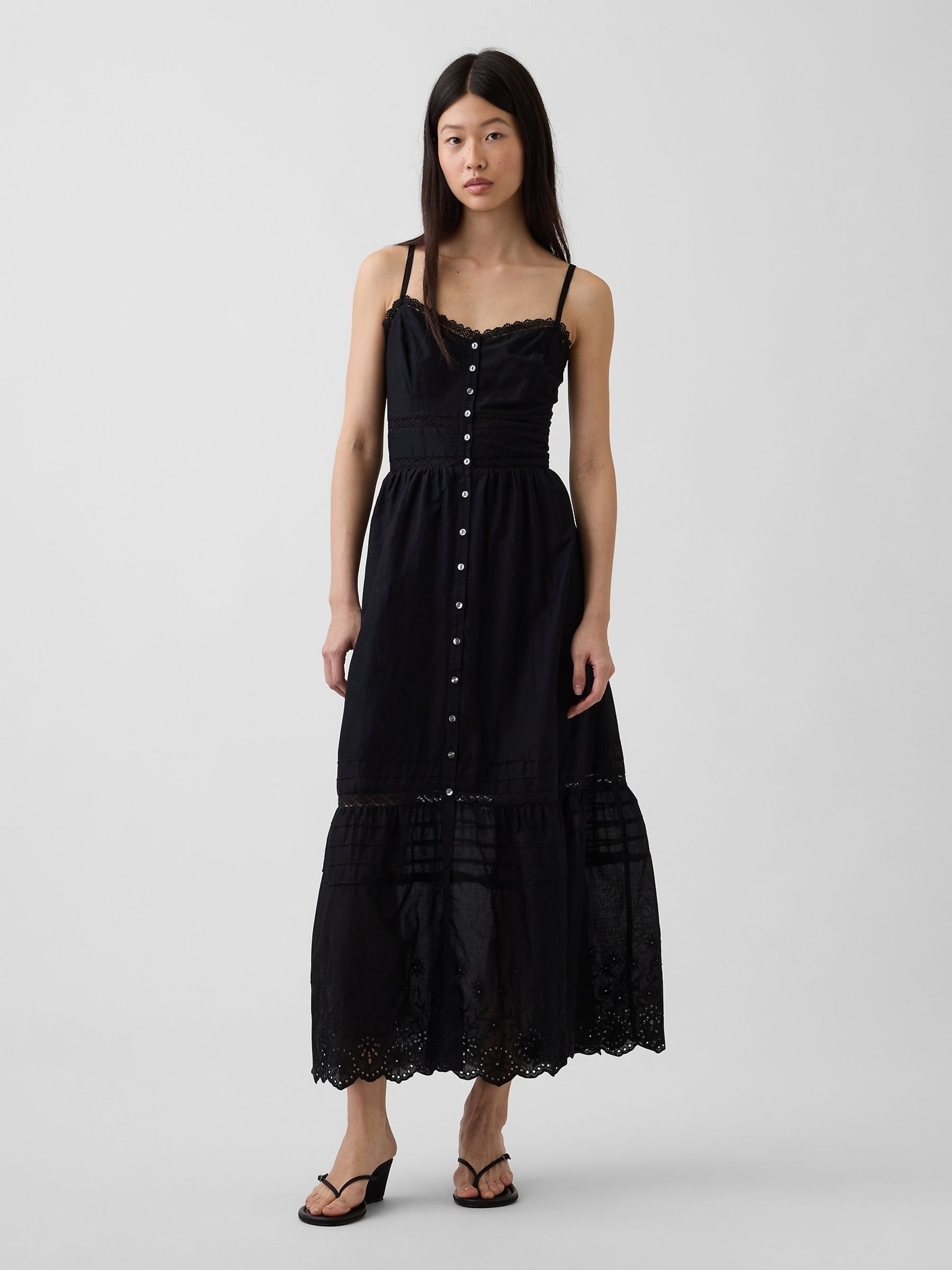 Black Lace-Trim Button-Front Maxi Dress - Image 1 of 4