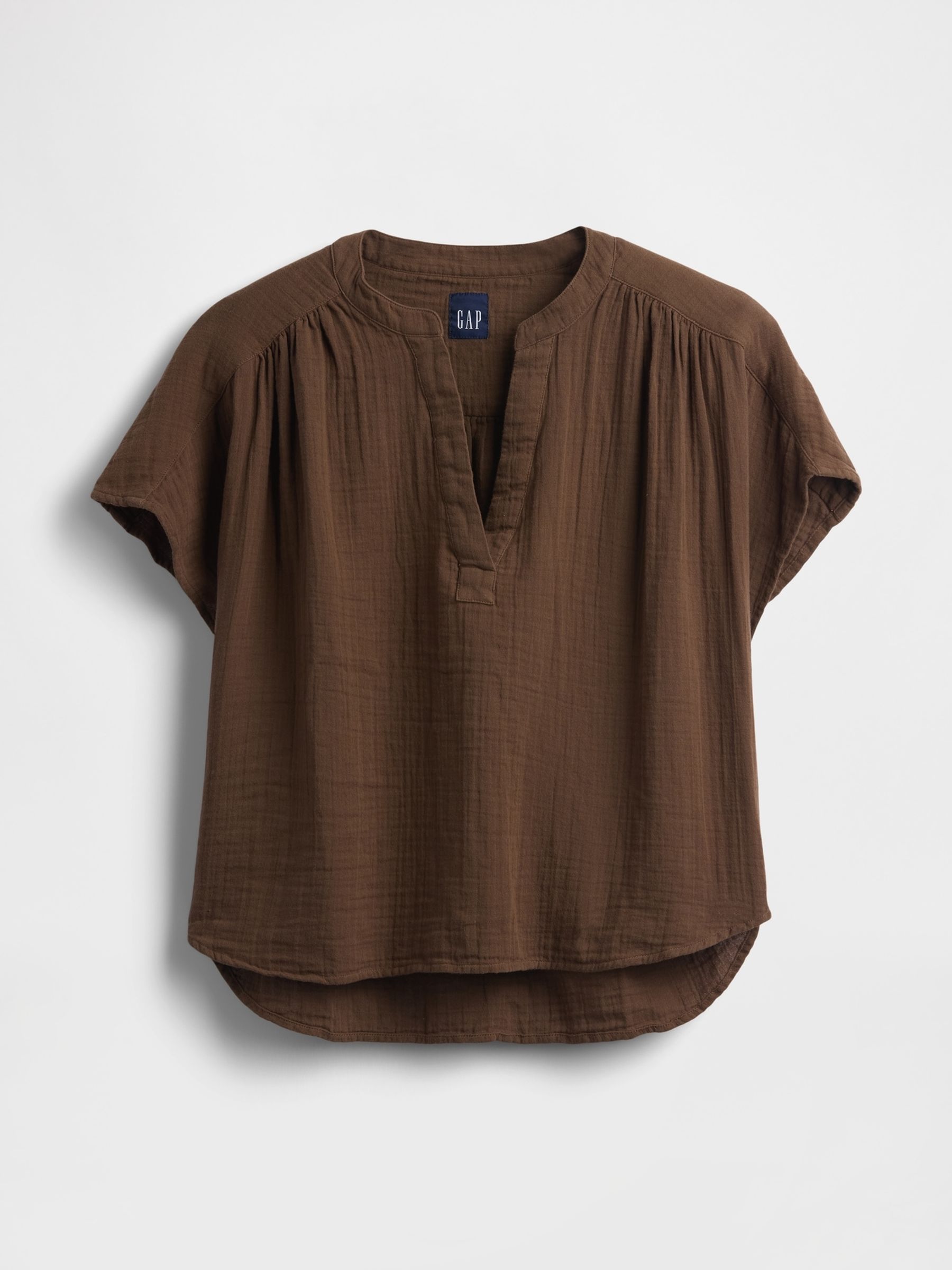 Brown Gauze Oversized Split-Neck Top - Image 1 of 2