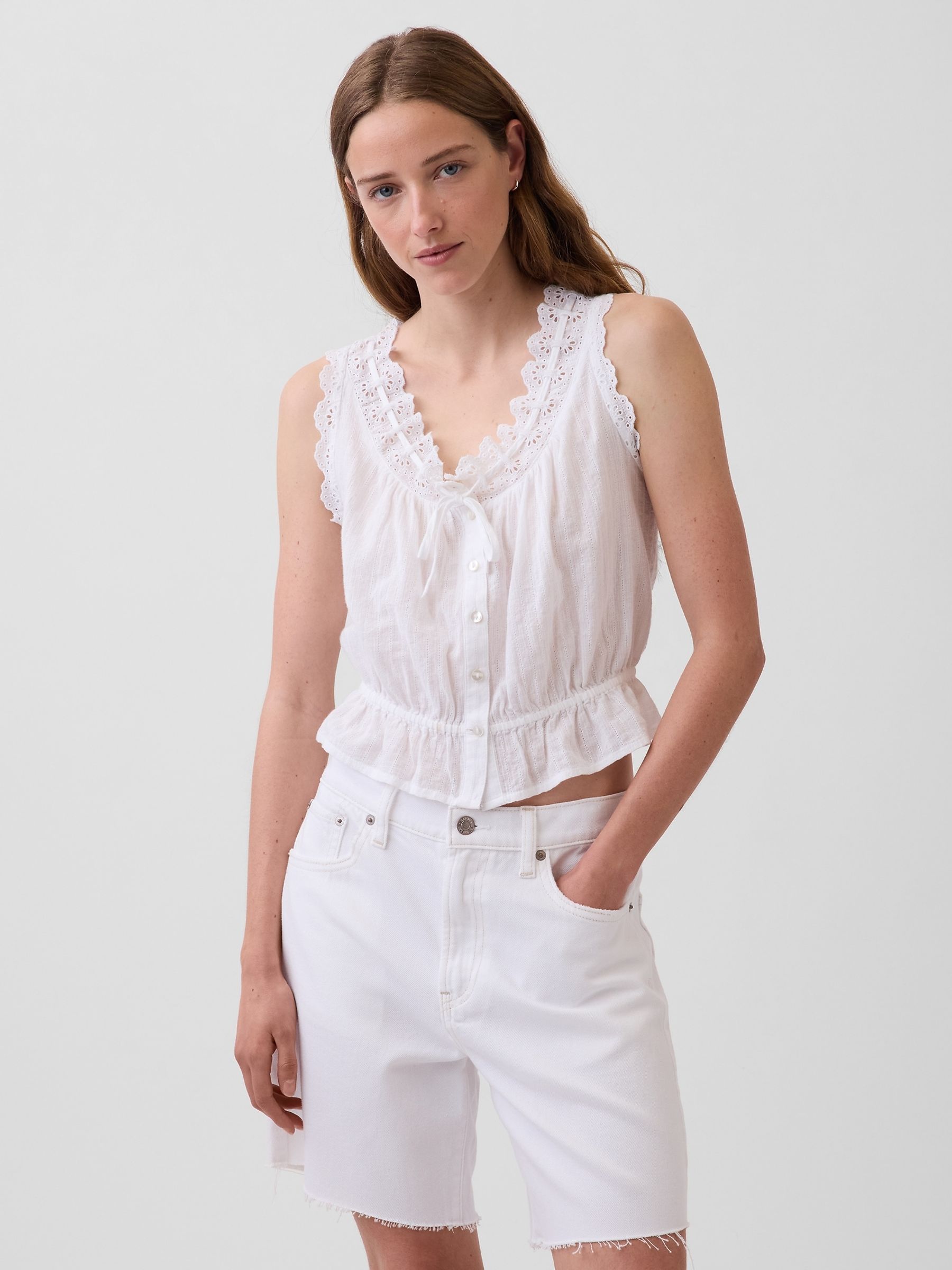 White Eyelet Tie-Front Crop Peplum Scoop neck Top - Image 1 of 4