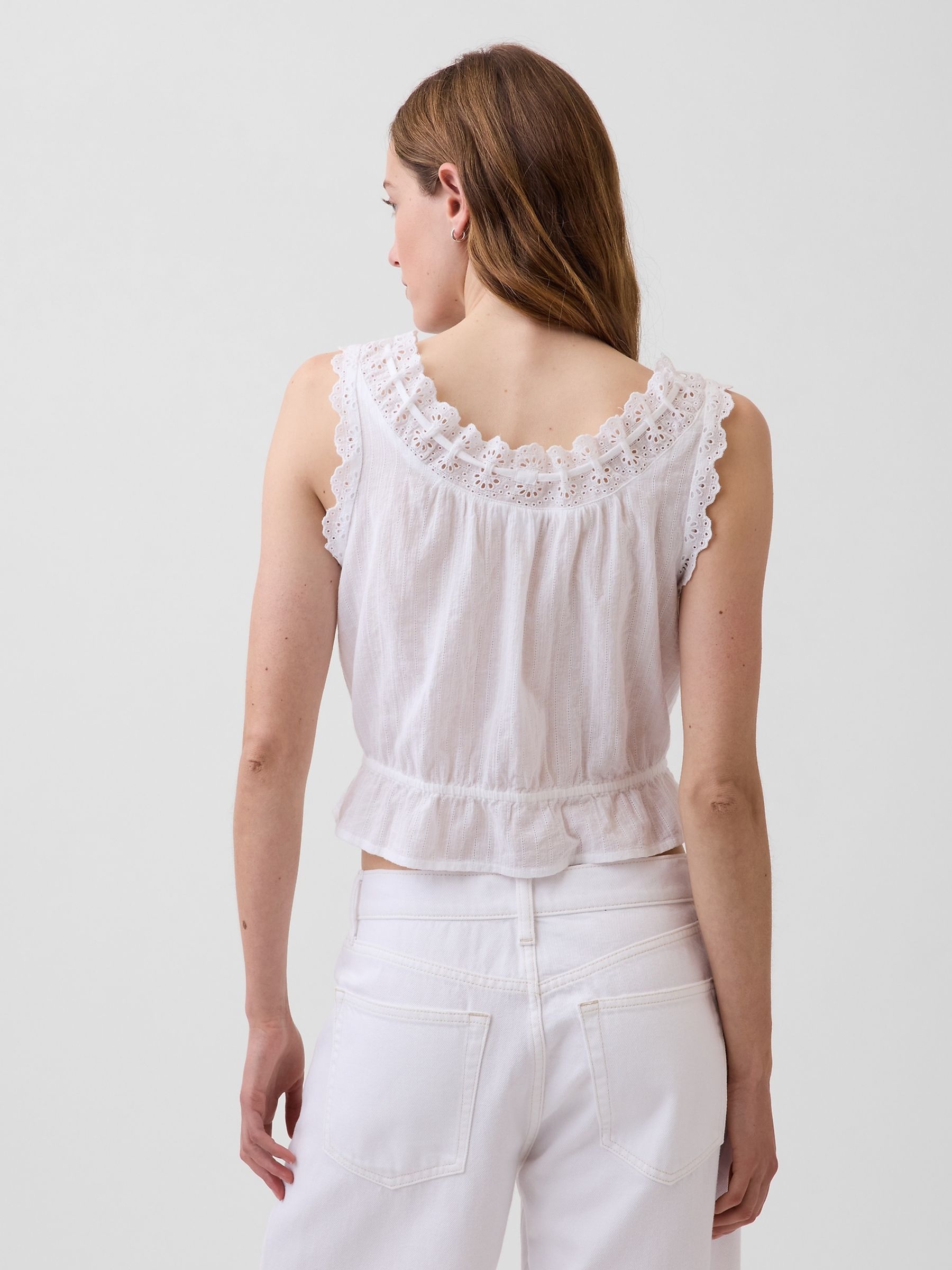 White Eyelet Tie-Front Crop Peplum Scoop neck Top - Image 2 of 4