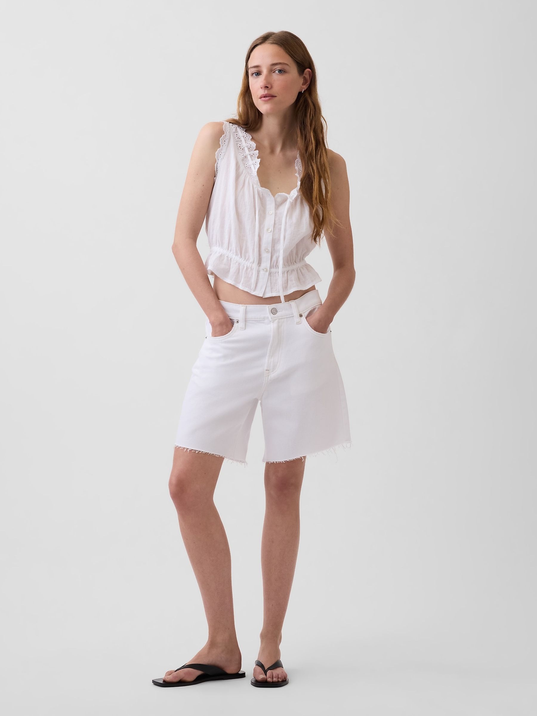 White Eyelet Tie-Front Crop Peplum Scoop neck Top - Image 3 of 4