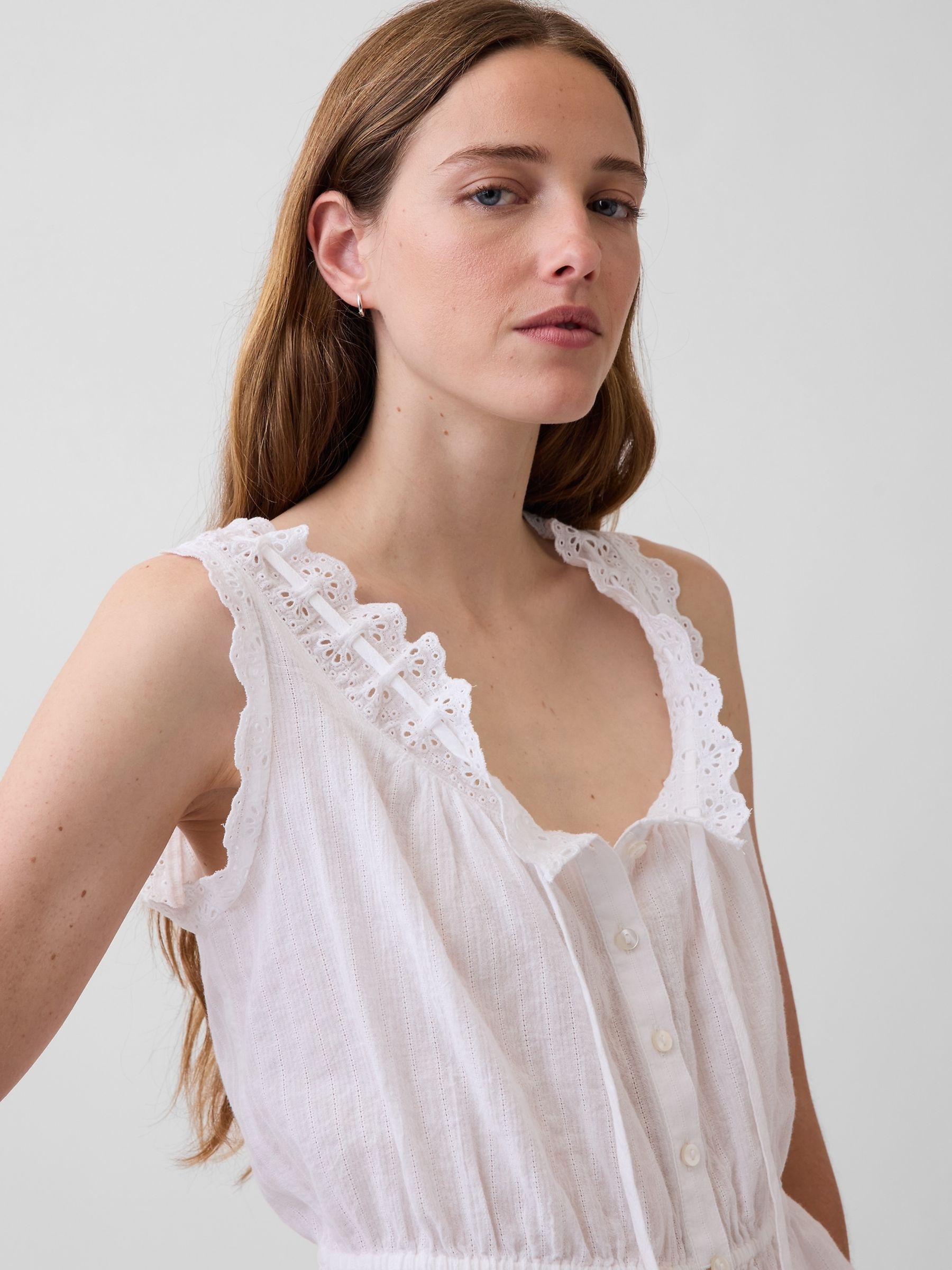 White Eyelet Tie-Front Crop Peplum Scoop neck Top - Image 4 of 4