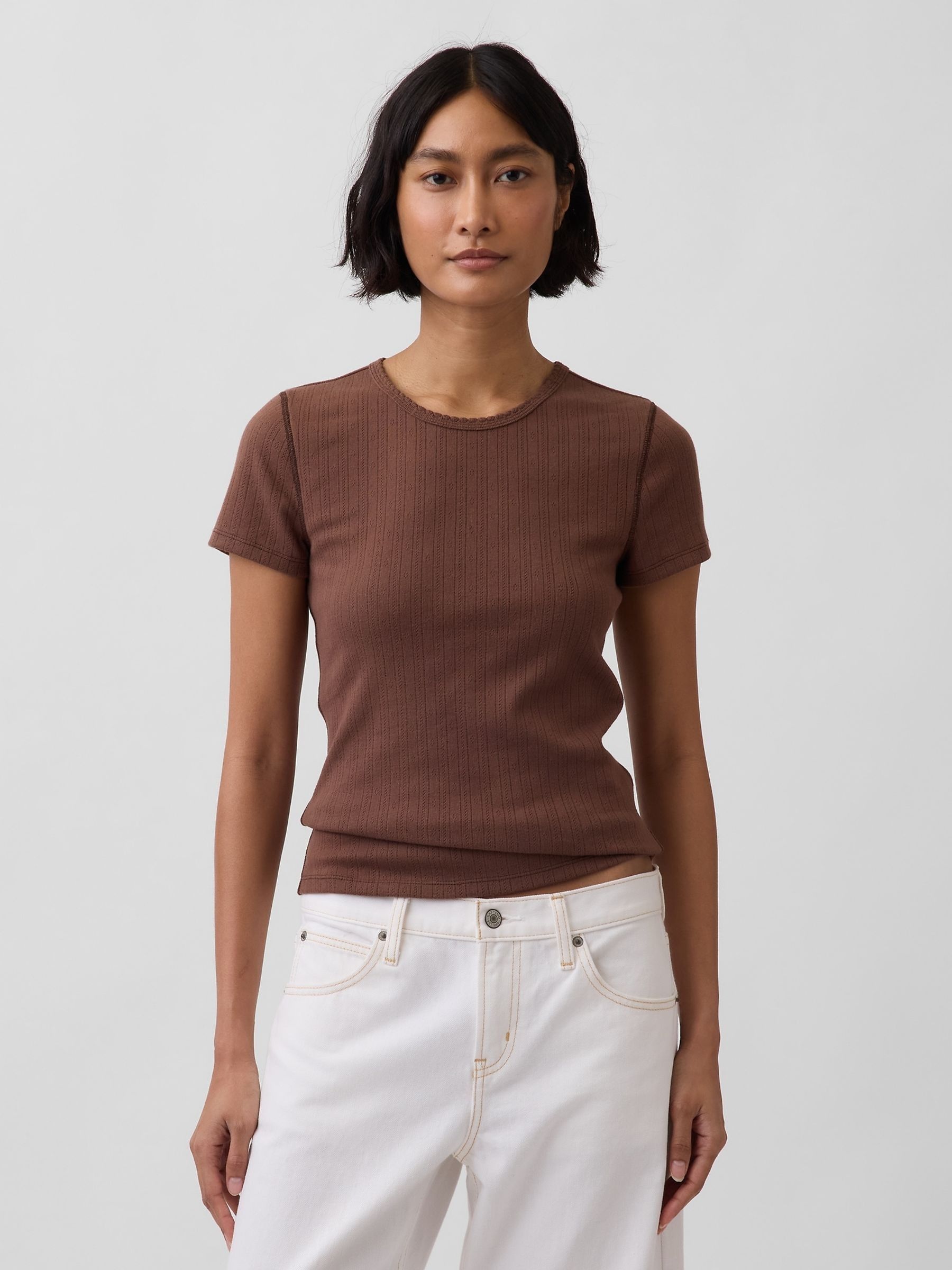 Brown Pointelle Crew Neck Short Sleeve T-Shirt - Image 1 of 4