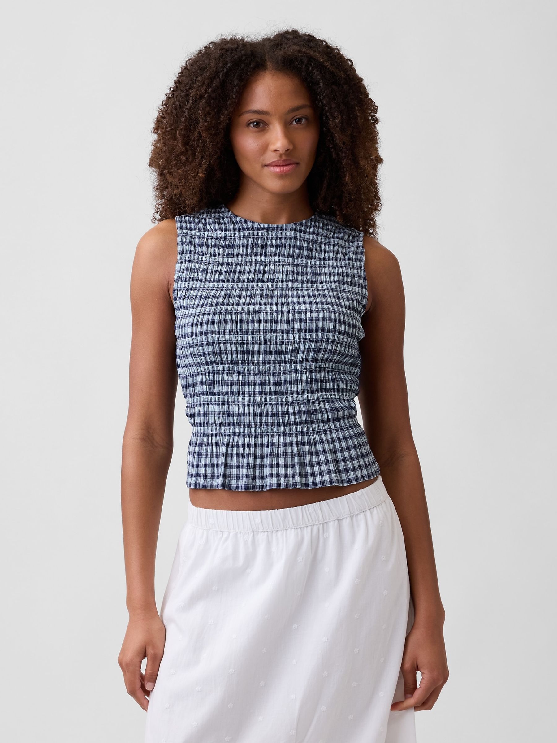 Blue Smocked Gingham Crop Peplum Top - Image 1 of 4