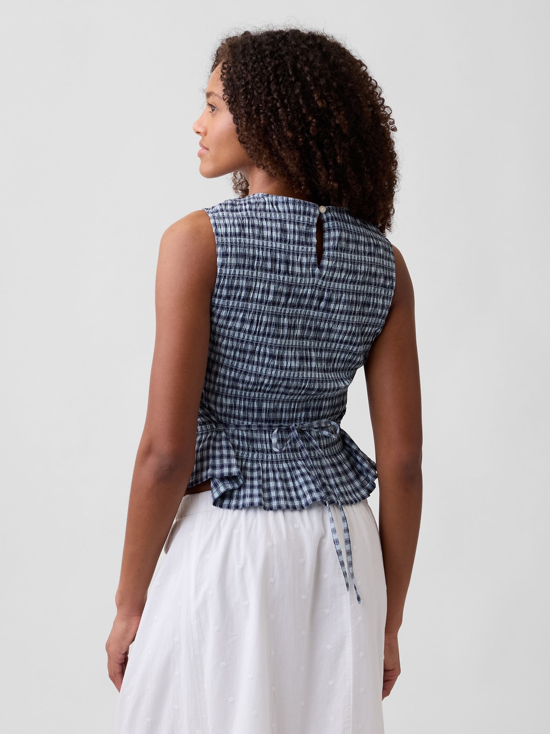 Blue Smocked Gingham Crop Peplum Top - Image 2 of 4