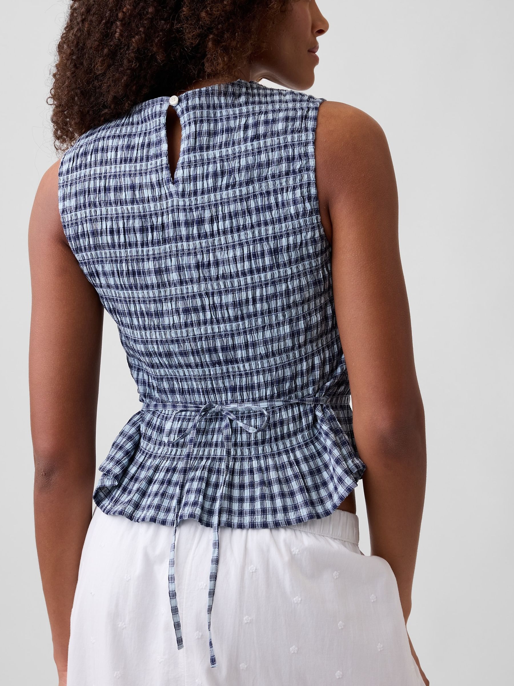 Blue Smocked Gingham Crop Peplum Top - Image 4 of 4