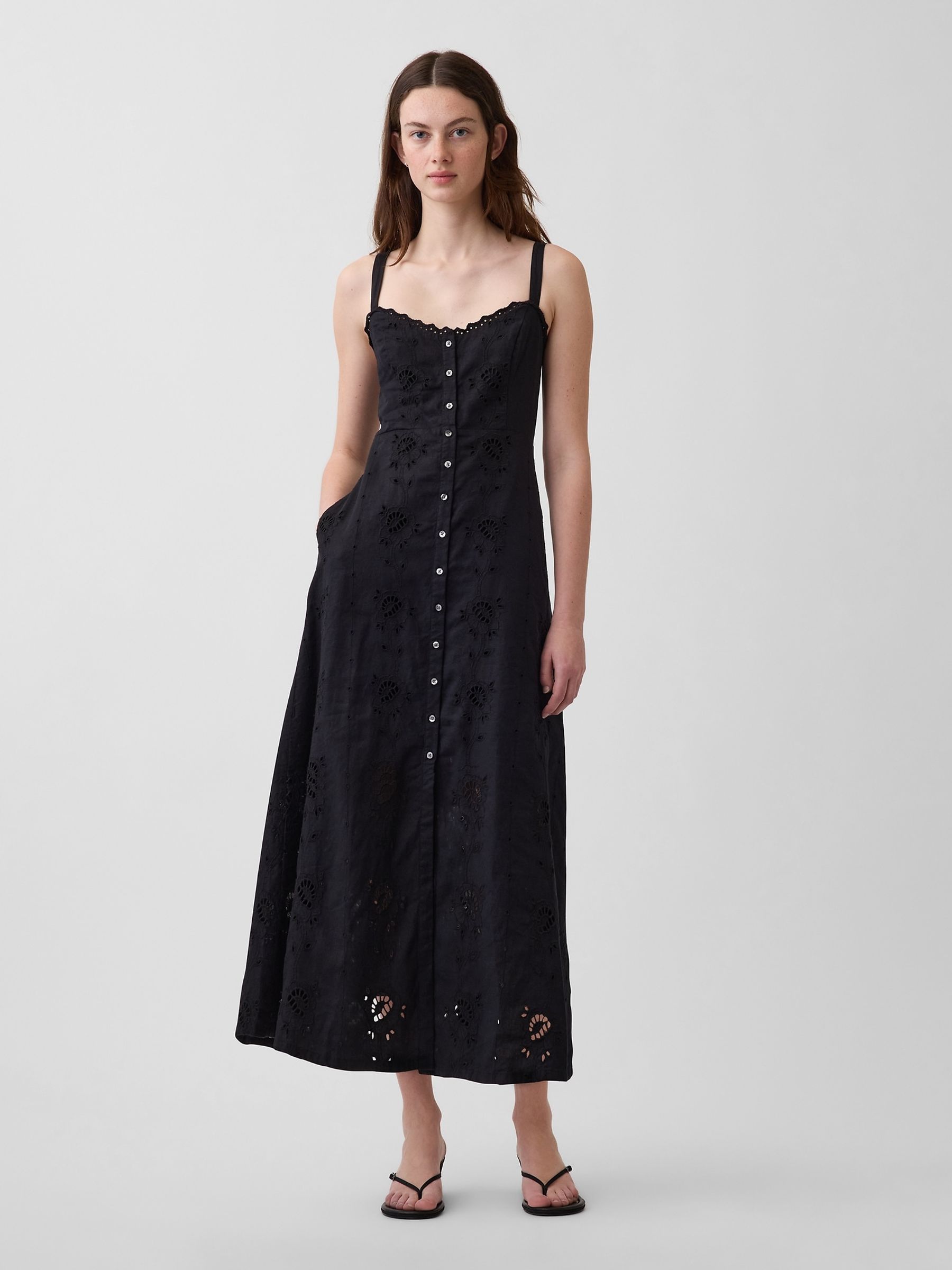 Black Linen-Blend Embroidered Button-Front Cami Maxi Dress - Image 1 of 4