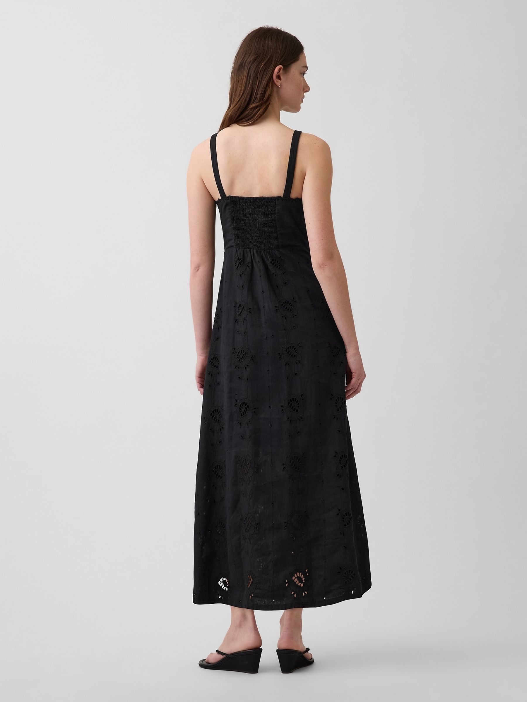 Black Linen-Blend Embroidered Button-Front Cami Maxi Dress - Image 2 of 4