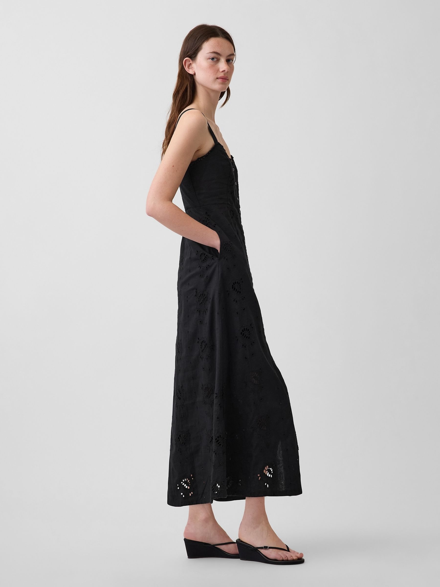 Black Linen-Blend Embroidered Button-Front Cami Maxi Dress - Image 3 of 4