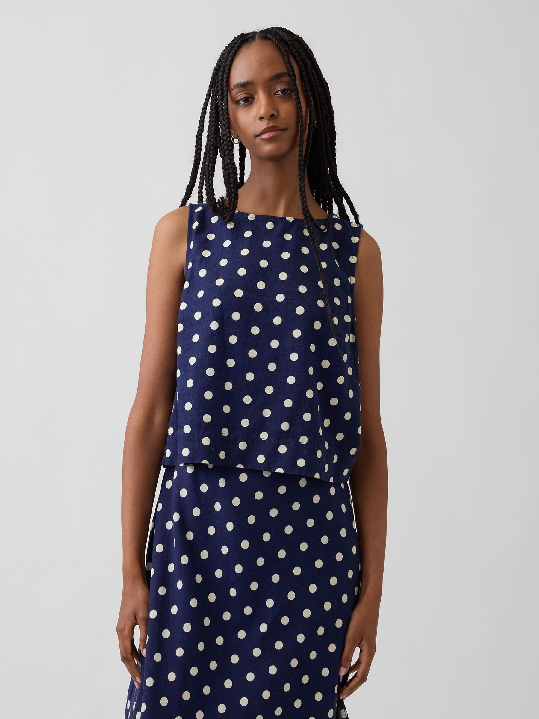 Navy Polka Dot Linen-Blend Crop Shell Vest - Image 1 of 4