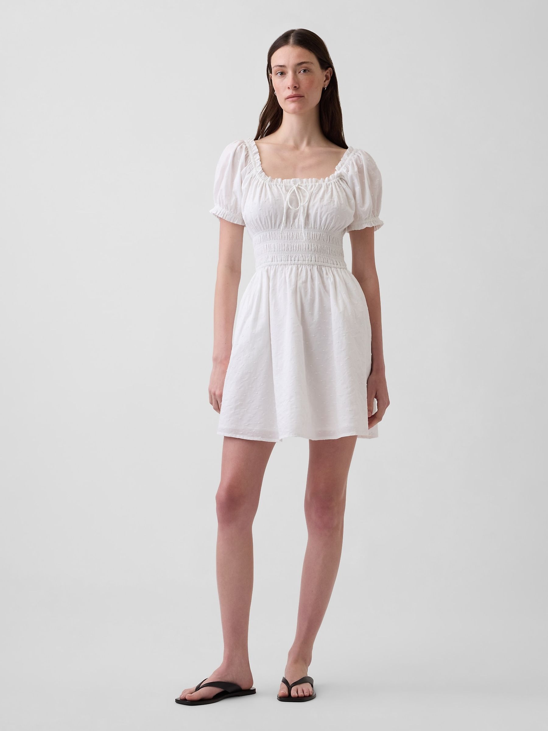 White Smocked-Waist Mini Dress
