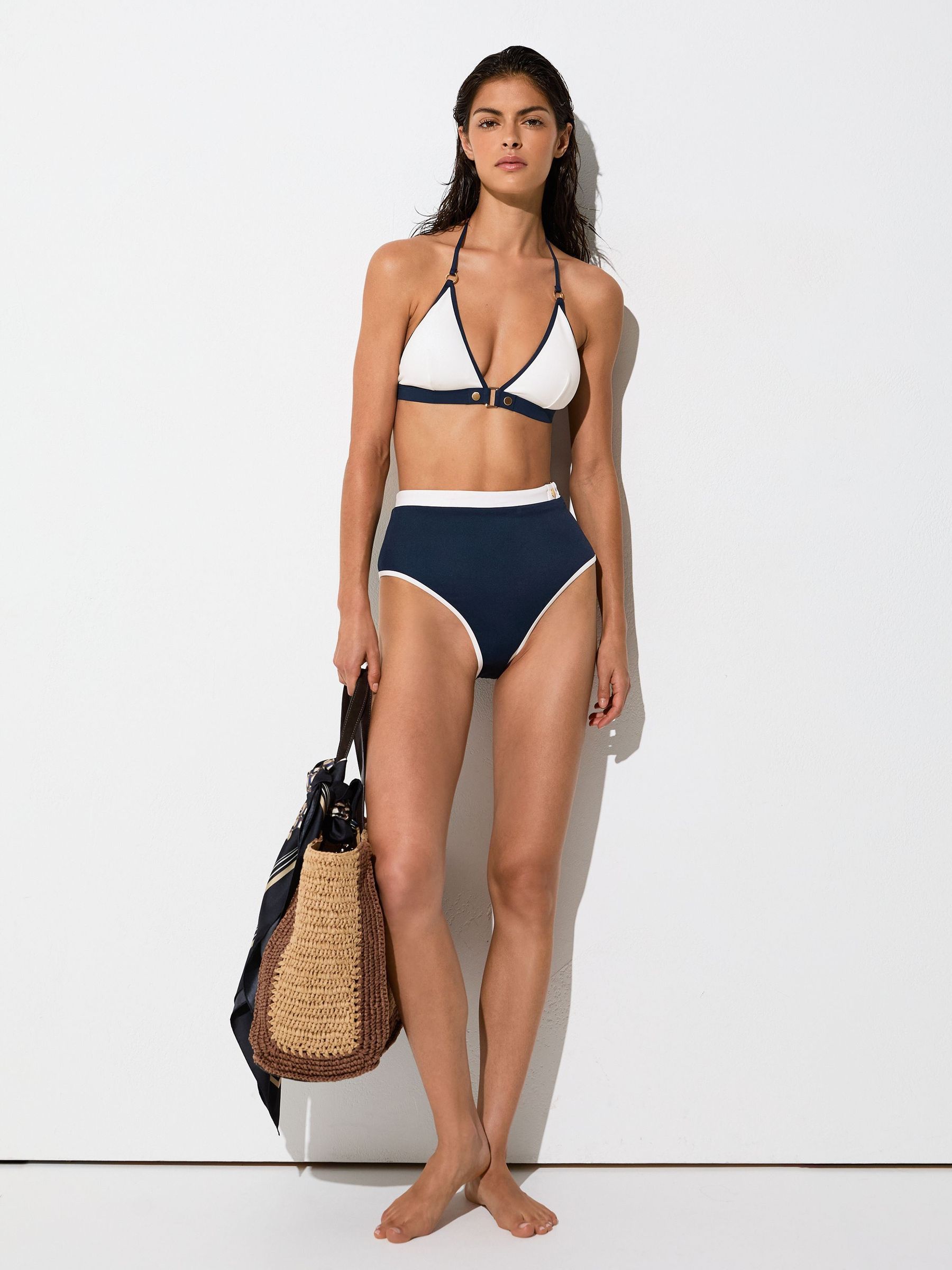 Contrast Halterneck Triangle Bikini Top in Ivory/Navy - Image 3 of 6
