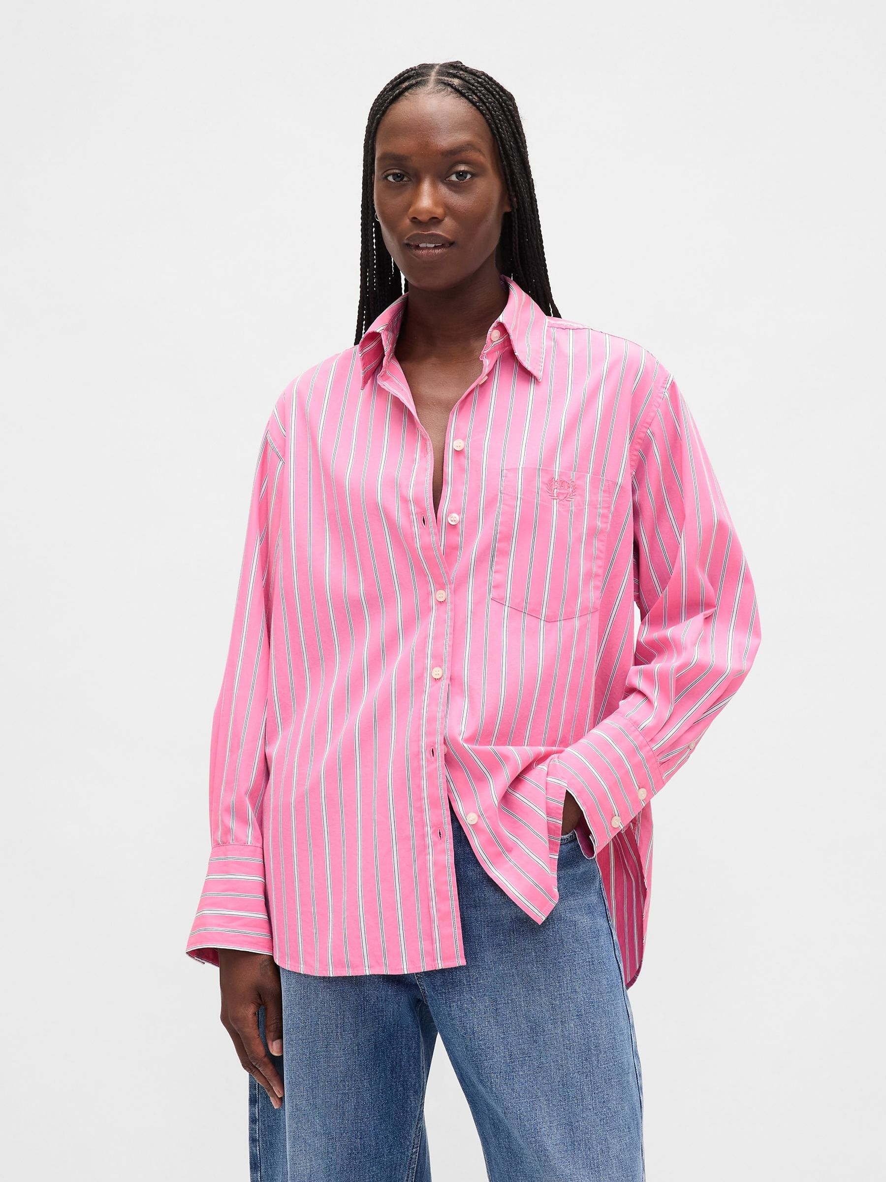 Pink stripe Poplin Oversized Shirt - Image 1 of 4