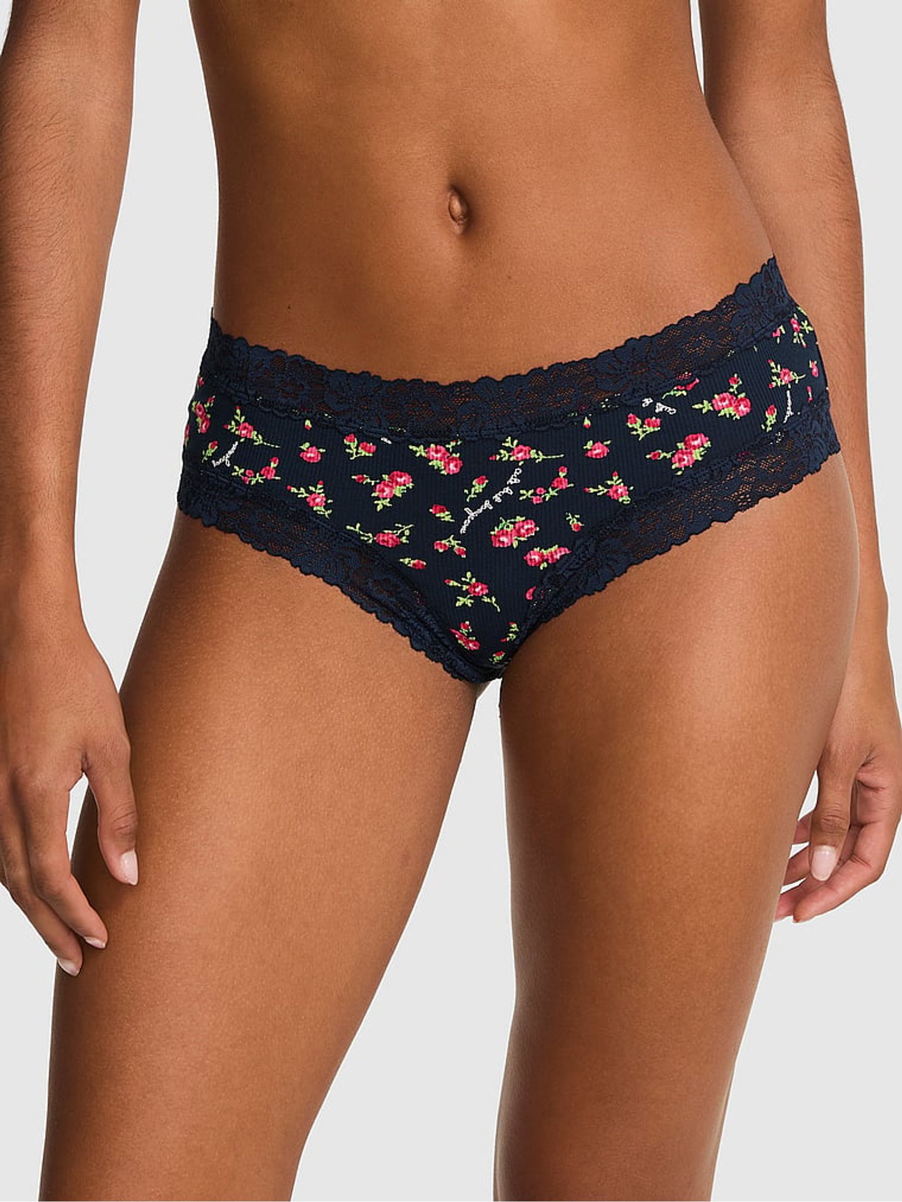 Noir Navy Blue Cute But Dangerous Print Cheeky Lace Trim Rib Knickers - Image 1 of 2
