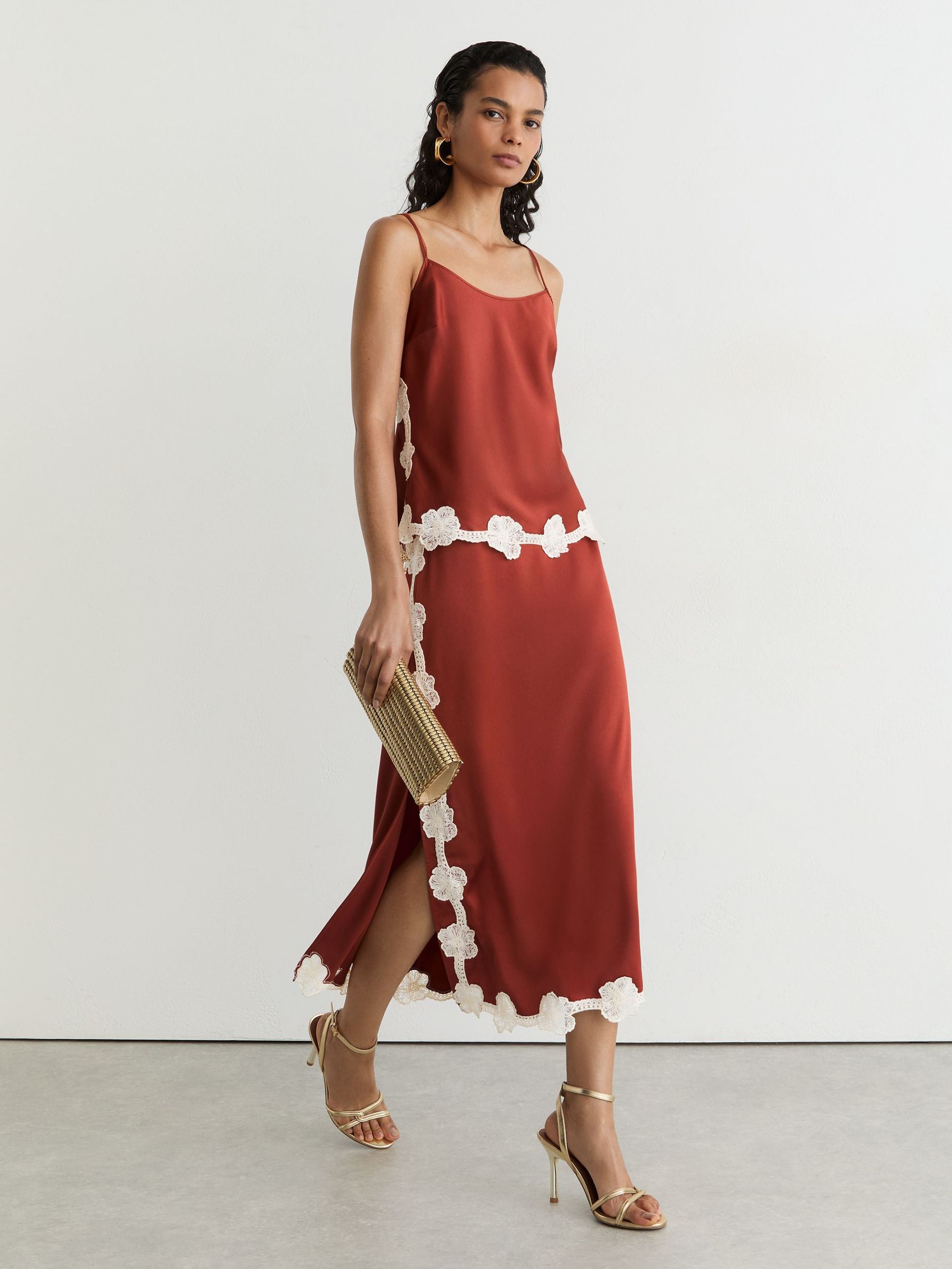 Satin Floral-Lace Trim Midi Skirt in Rust Orange - Image 1 of 7