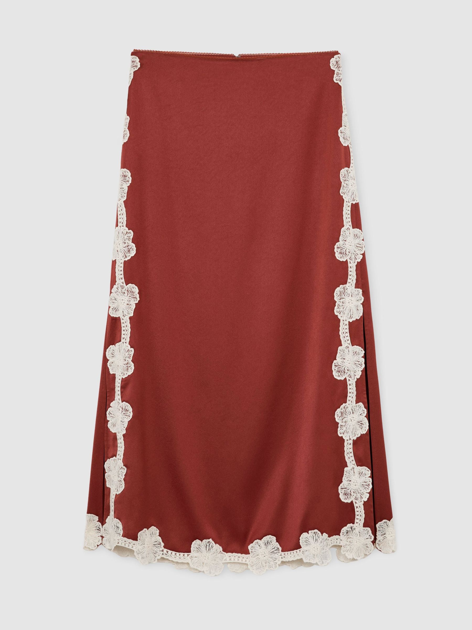 Satin Floral-Lace Trim Midi Skirt in Rust Orange - Image 2 of 7 Satin Floral-Lace Trim Midi Skirt in Rust Orange - Image 2 of 7