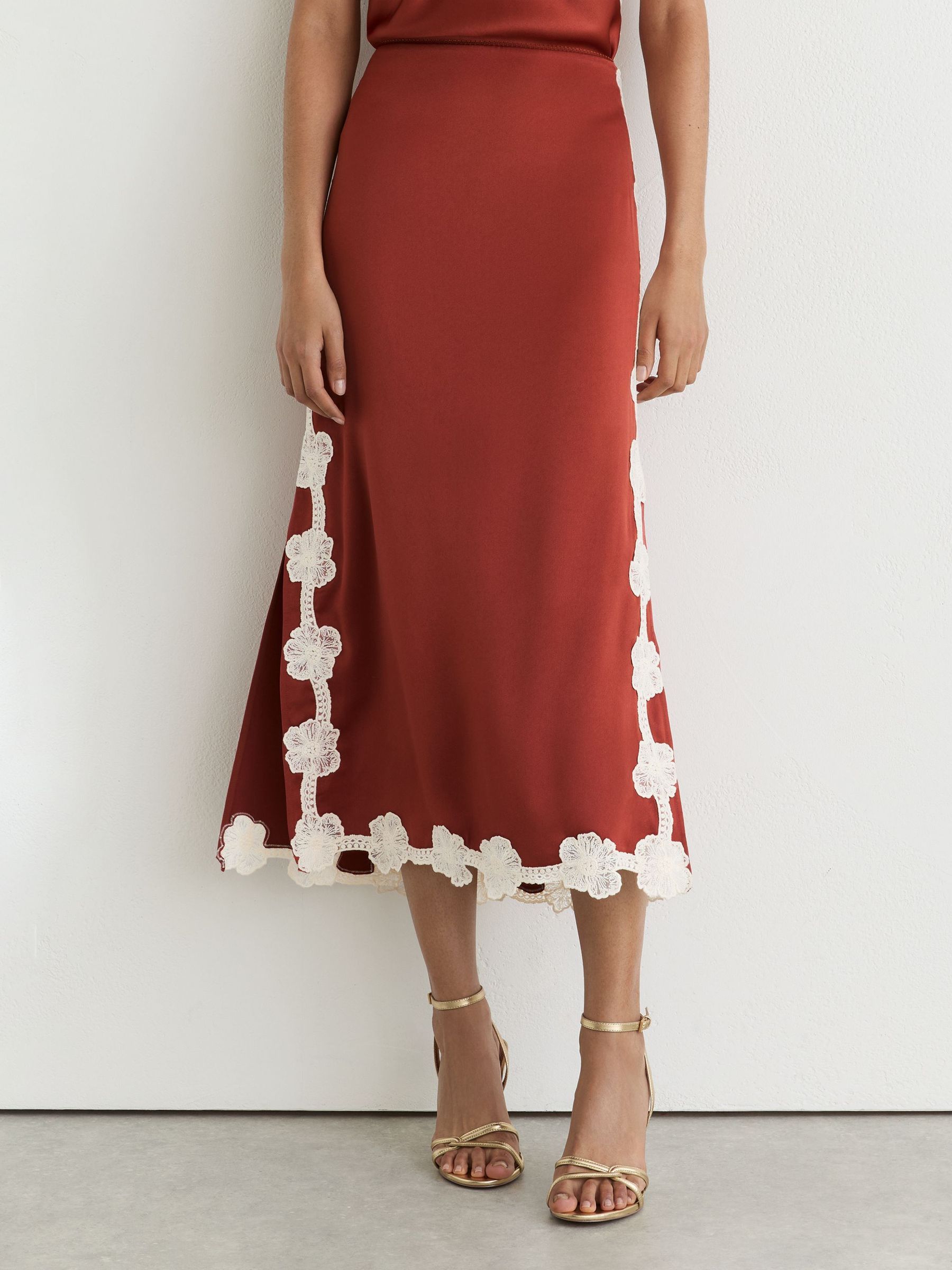 Satin Floral-Lace Trim Midi Skirt in Rust Orange - Image 3 of 7