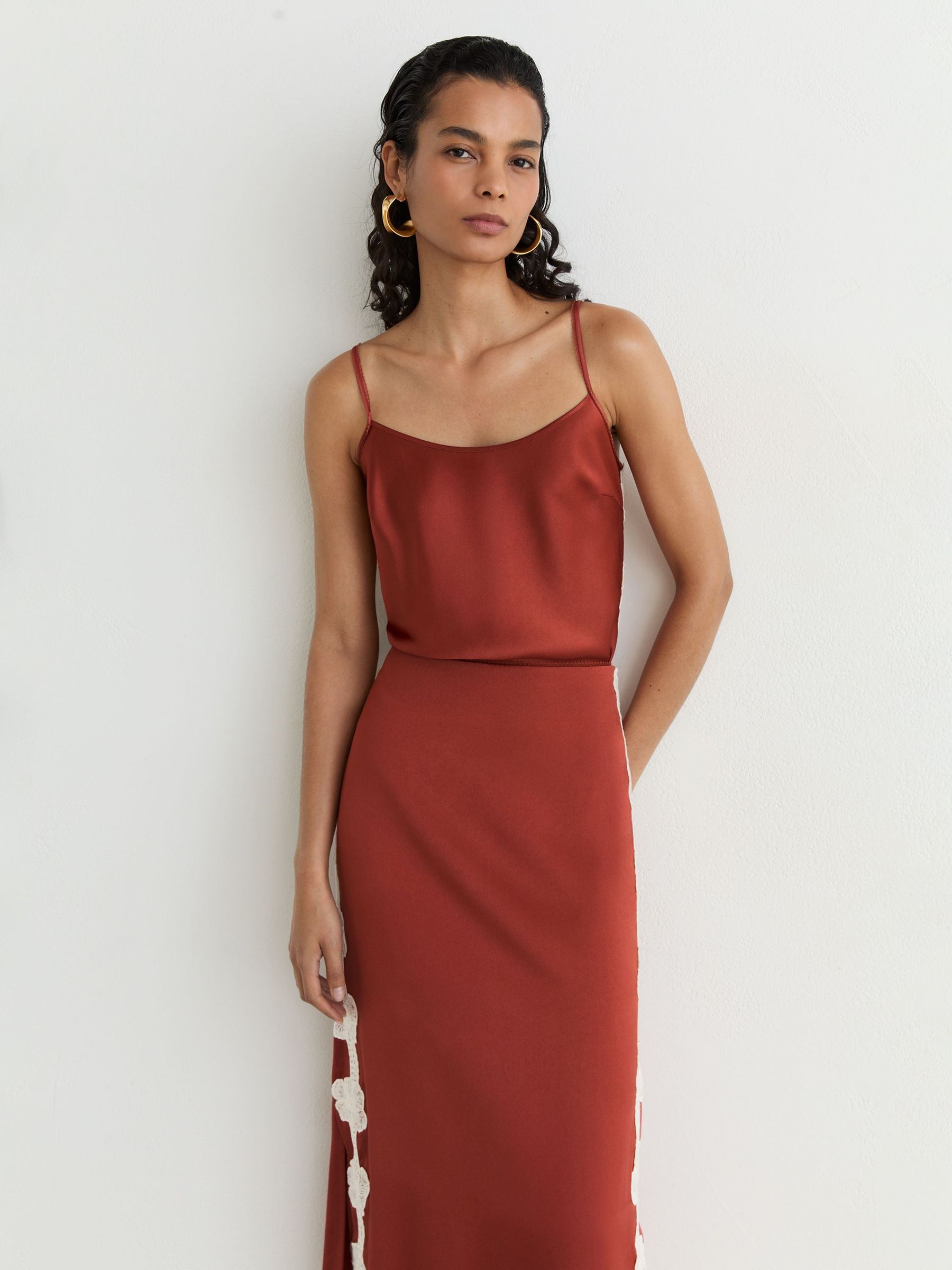 Satin Floral-Lace Trim Midi Skirt in Rust Orange - Image 4 of 7