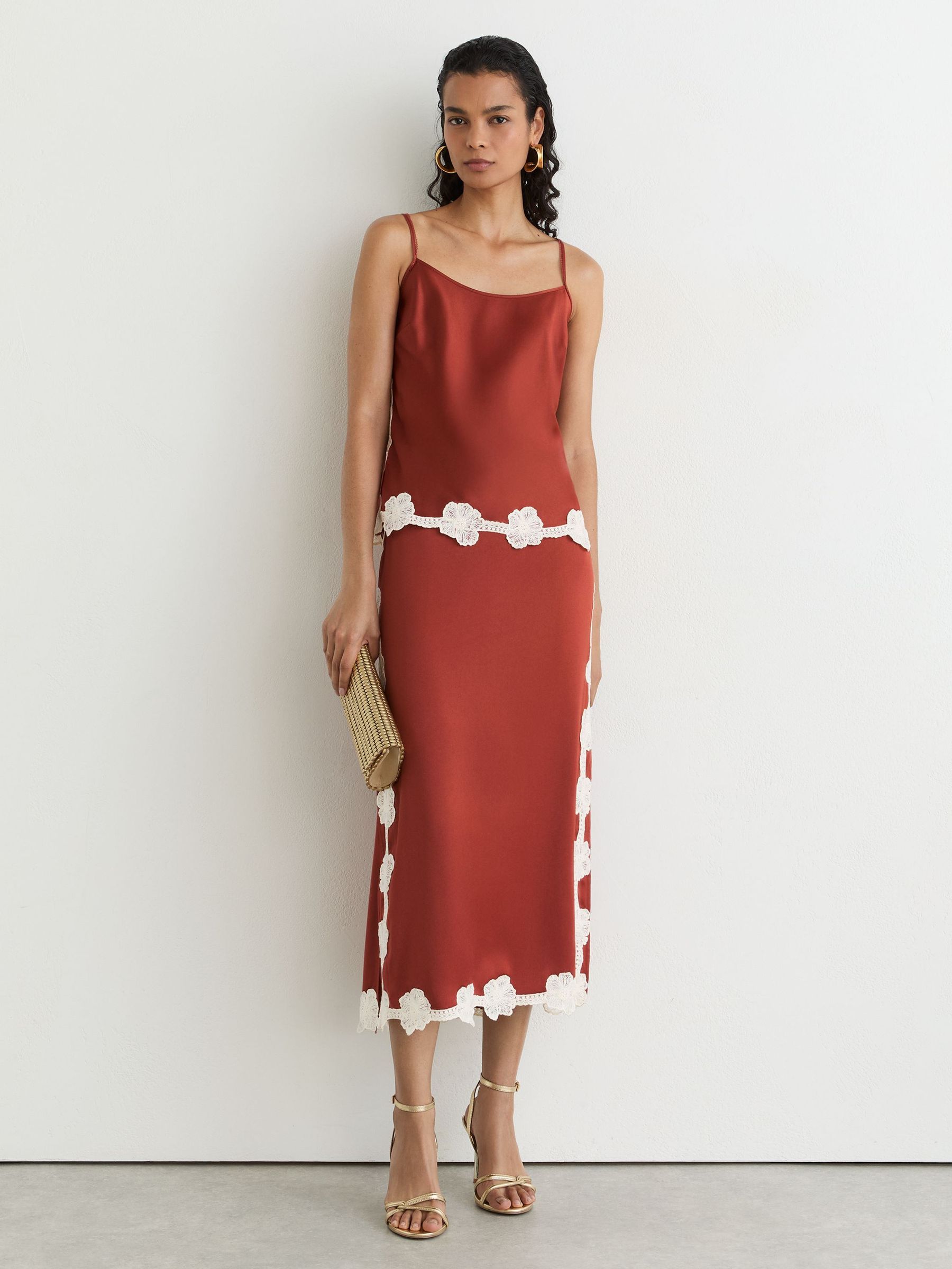 Satin Floral-Lace Trim Midi Skirt in Rust Orange - Image 5 of 7
