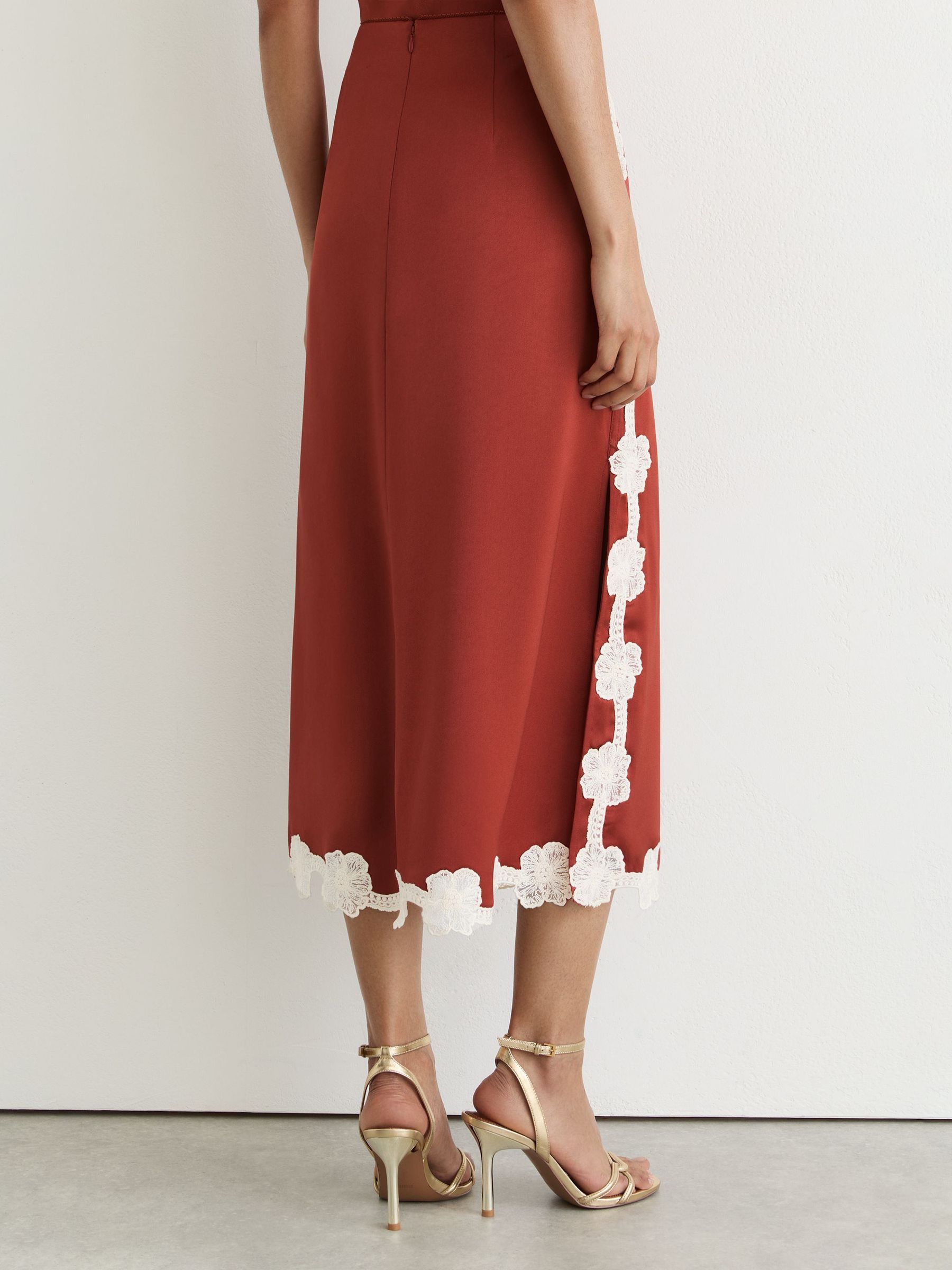 Satin Floral-Lace Trim Midi Skirt in Rust Orange - Image 6 of 7
