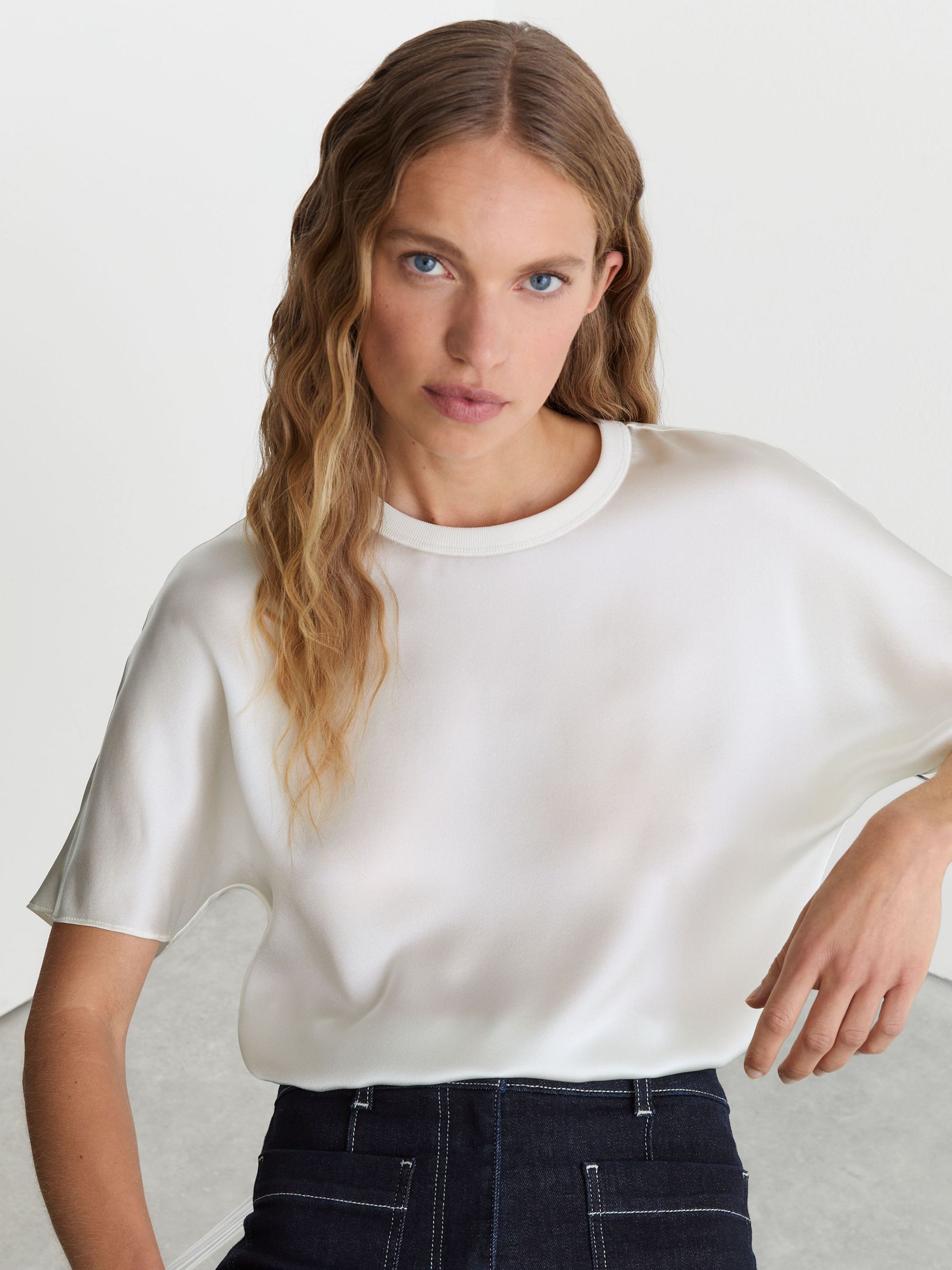 Silk Short-Sleeve Top in Ivory - Image 1 of 6