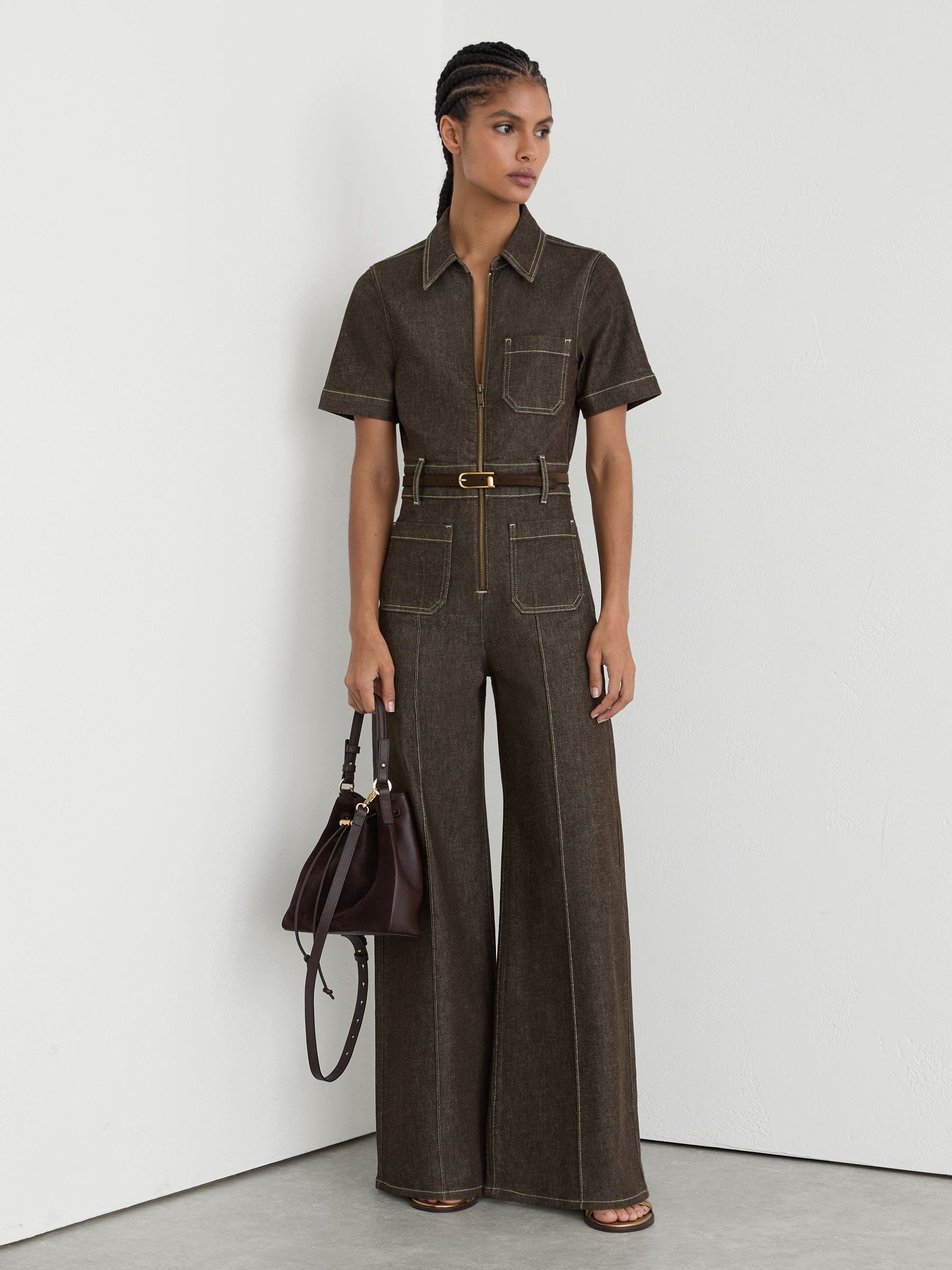 Petite Denim Wide-Leg Jumpsuit in Chocolate Brown - Image 1 of 8