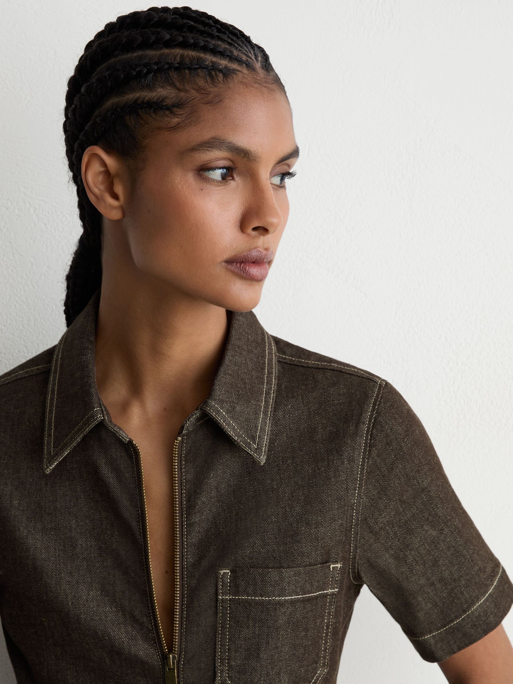 Petite Denim Wide-Leg Jumpsuit in Chocolate Brown - Image 4 of 8